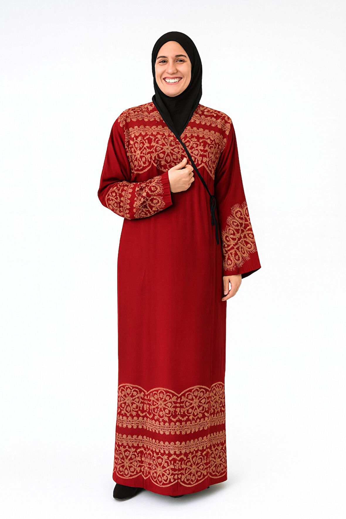 Geometrik Desenli Kruvaze Namaz Elbisesi – Yandan Bağlamalı, Rahat Kalıp 36–46 Beden