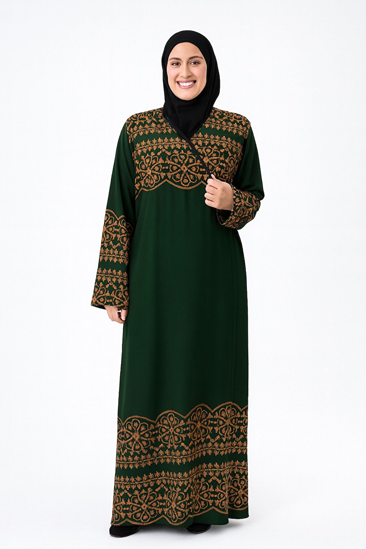 Geometrik Desenli Kruvaze Namaz Elbisesi – Yandan Bağlamalı, Rahat Kalıp 36–46 Beden