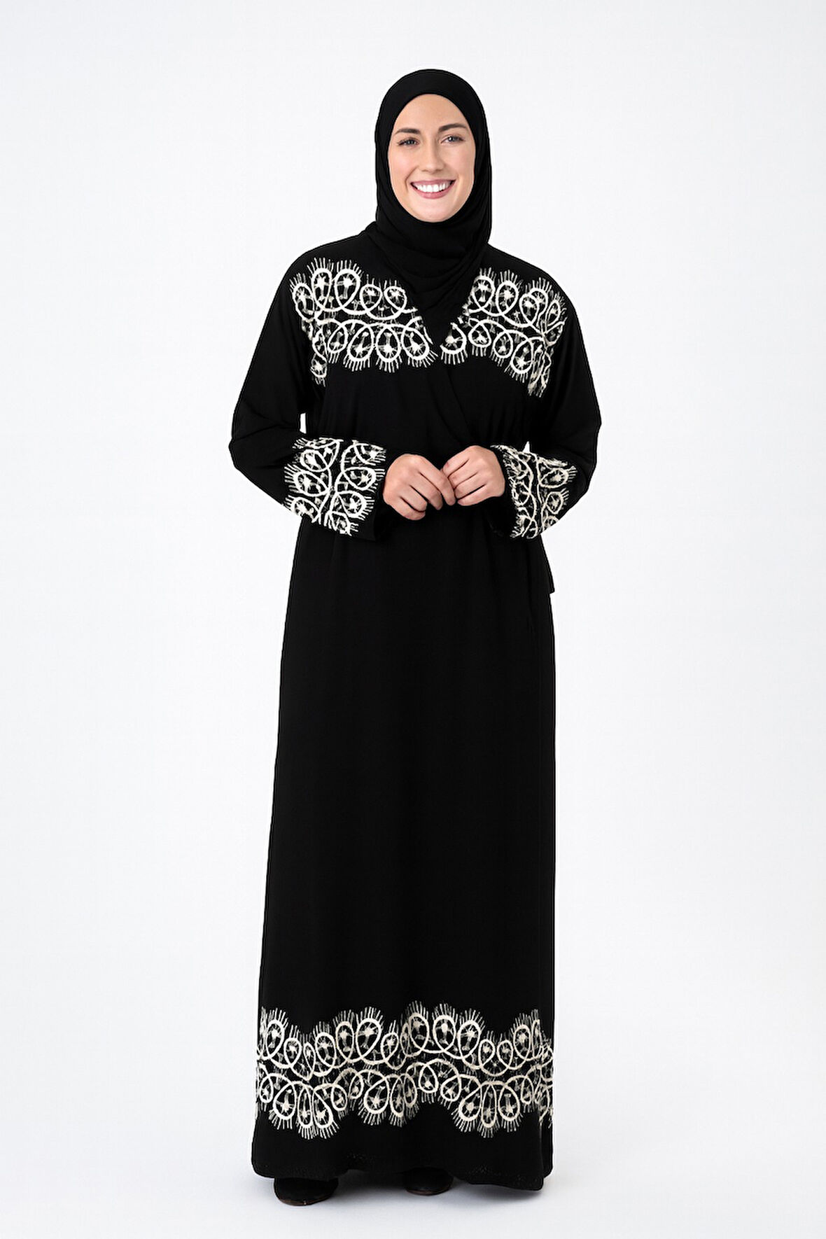 Halkalı Desenli Kruvaze Namaz Elbisesi – Yandan Bağlamalı, Rahat Kesim 36–46 Beden