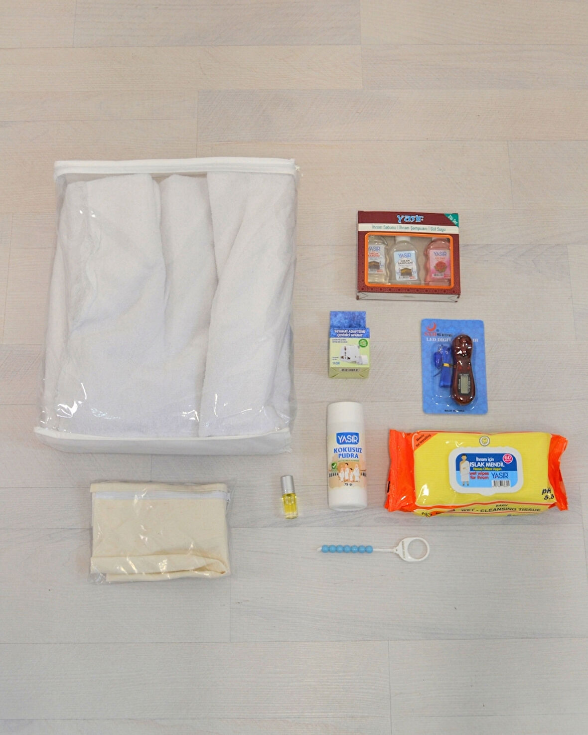 Erkek İhram Seti – Cepli Kemerli, Esanslı, Zikirmatikli, Full Hac Umre Seti