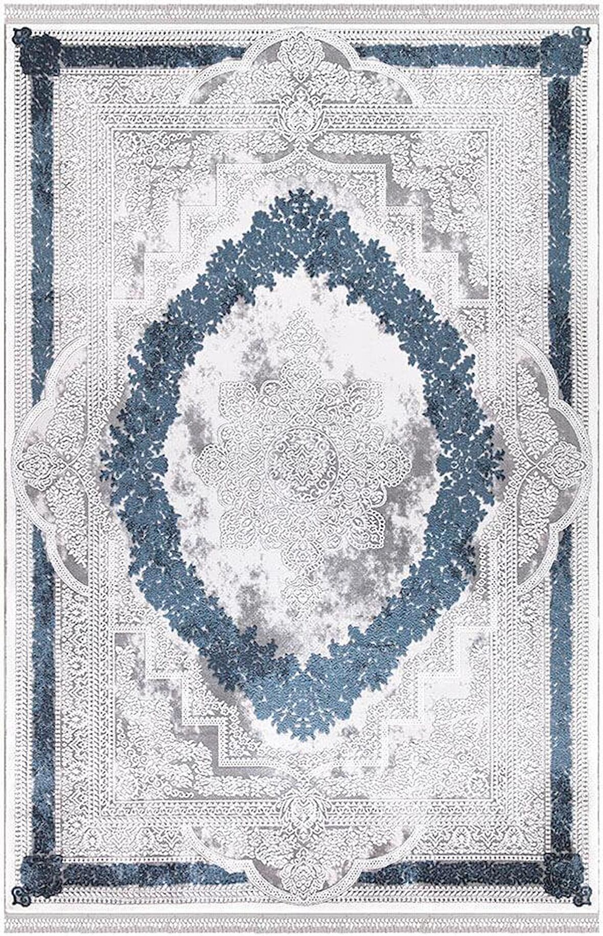 İpek Mekik Halı Blossom Lacivert Gri Klasik Saçaklı Halı