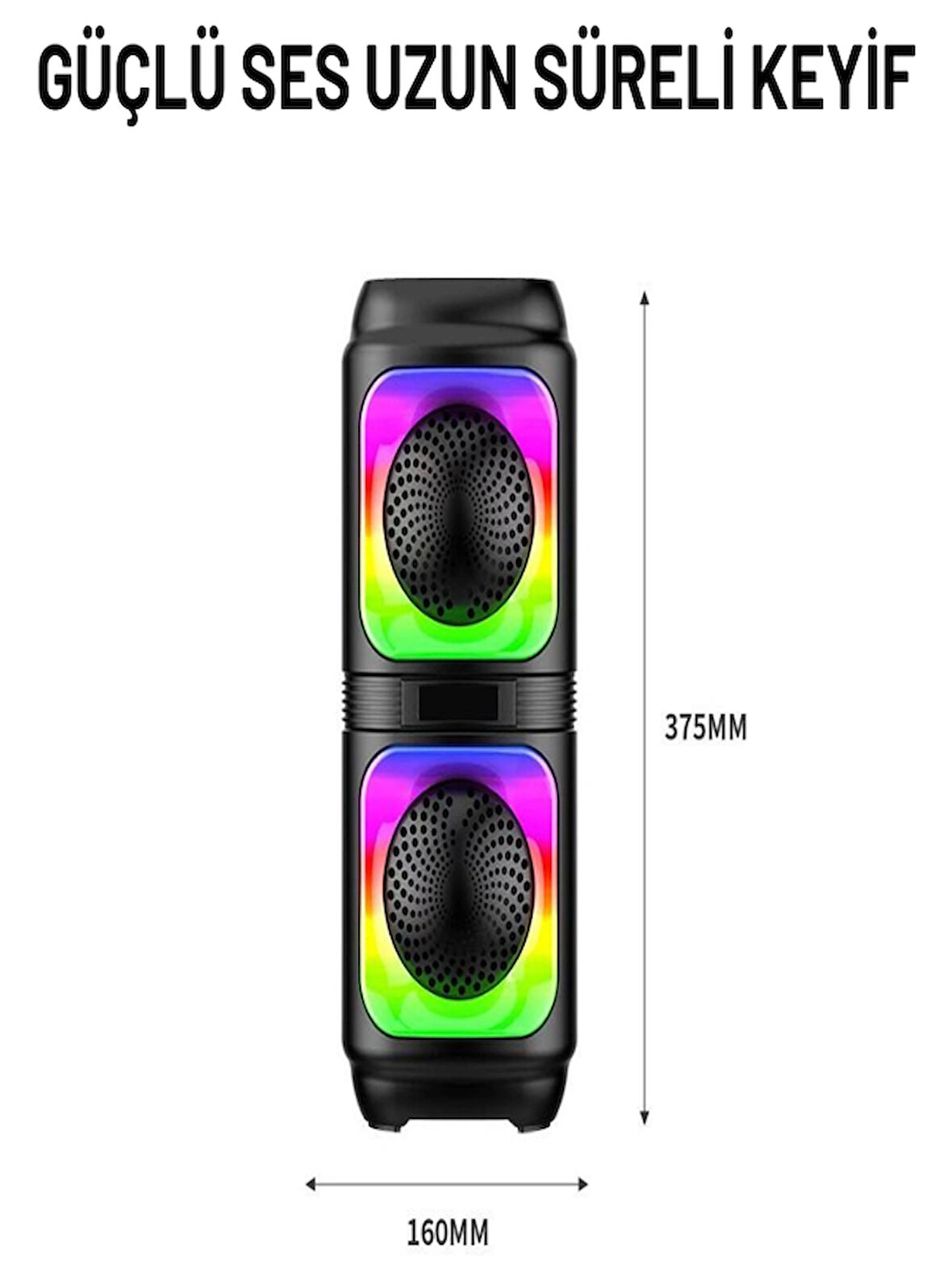 Göz Kamaştırıcı LED Işıklı Bluetooth Hoparlör – 1200 mAh Şarjlı, Çift 4 Inch Hoparlör, RGB Renkli Işık, Çoklu Bağlantı (USB/TF/FM/AUX/MIC)