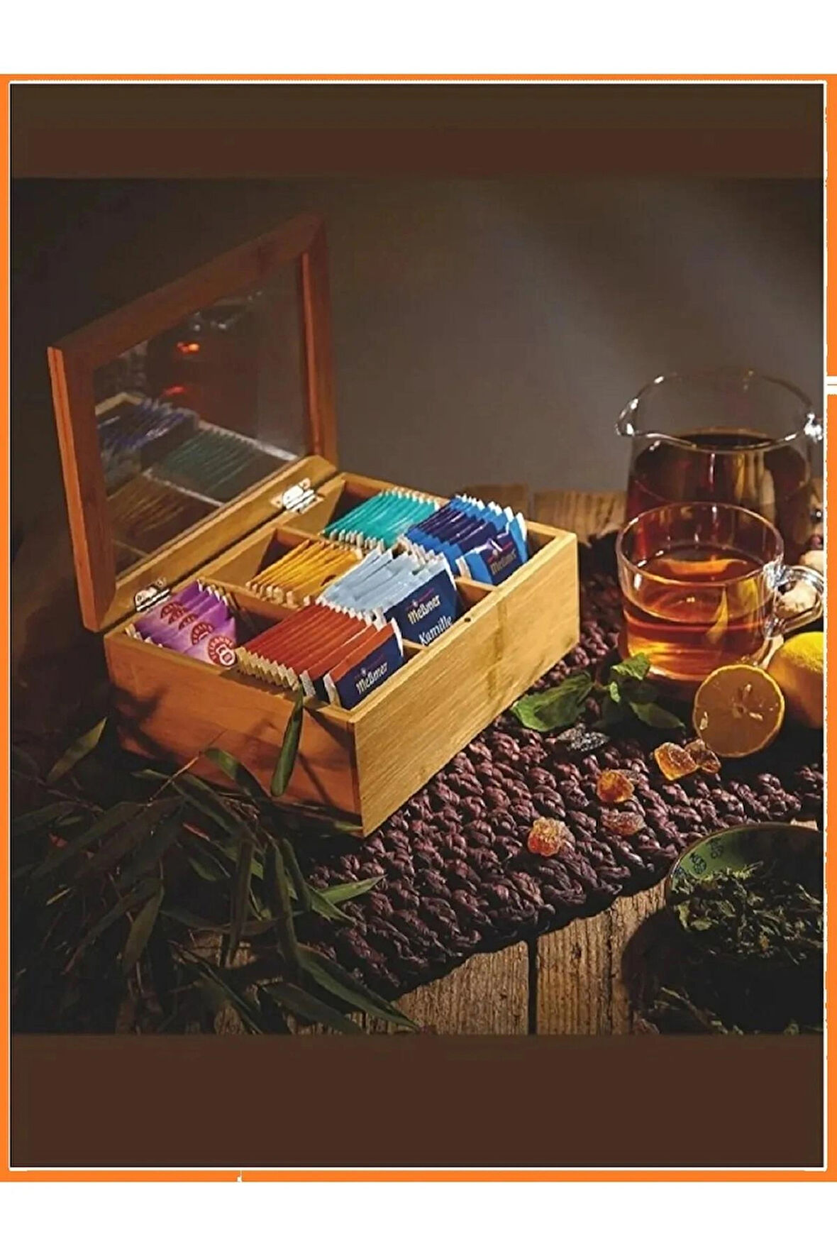 Bambu Çay Kutusu Organizatörü, Şeffaf Akrilik Menteşeli Kapaklı Çay Poşeti Paketleri Saklama Kutusu / Balsa