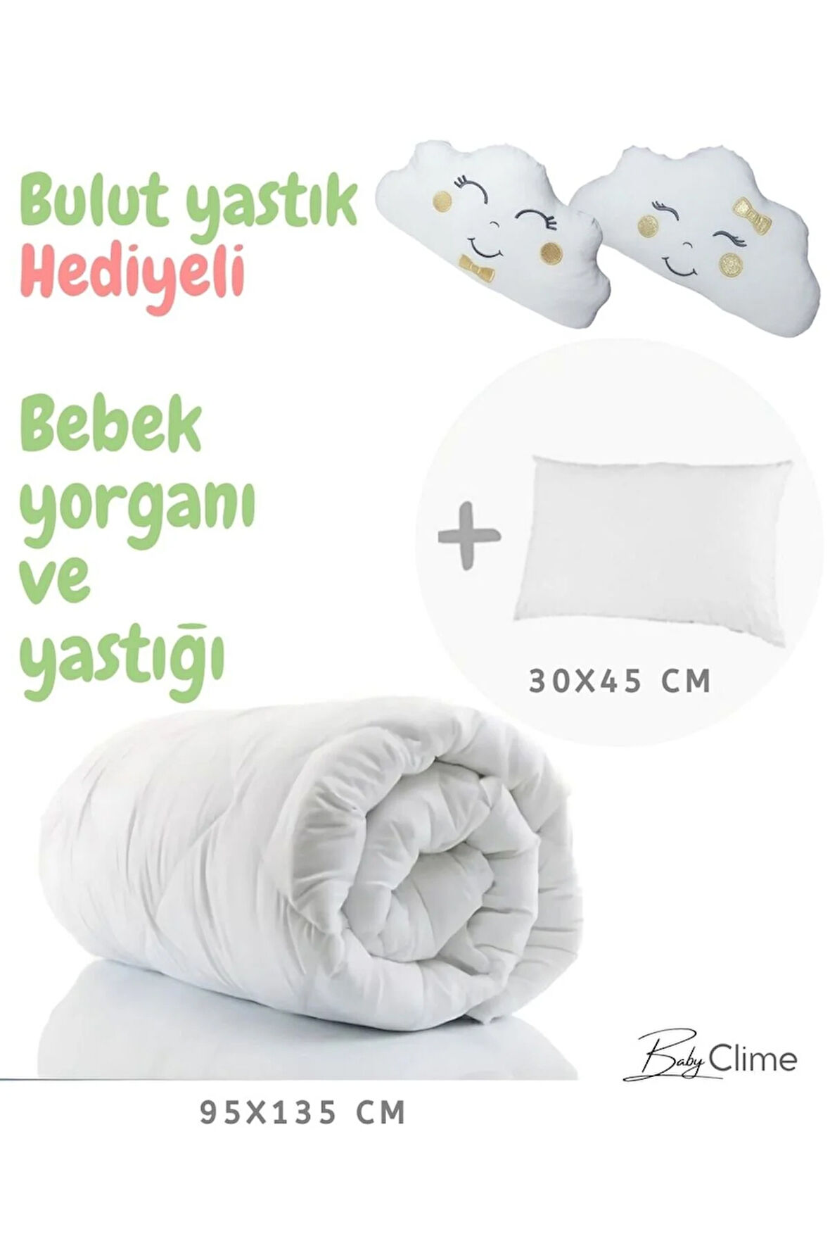 Bebek Yorganı ve Yastığı, Hediye Bulut Yastık (Telalı 95x135 Yorgan, 30x45 Yastık) 3 Parçadır