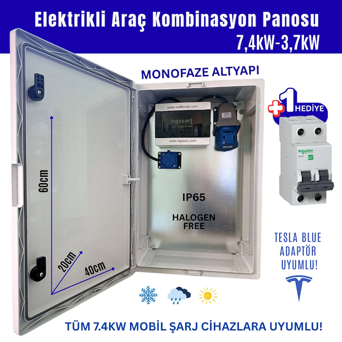 Hgsşarj "BluePan" 7,4kW Elektrikli Araç Kombinasyon Panosu Sch neider Sigorta Grubu