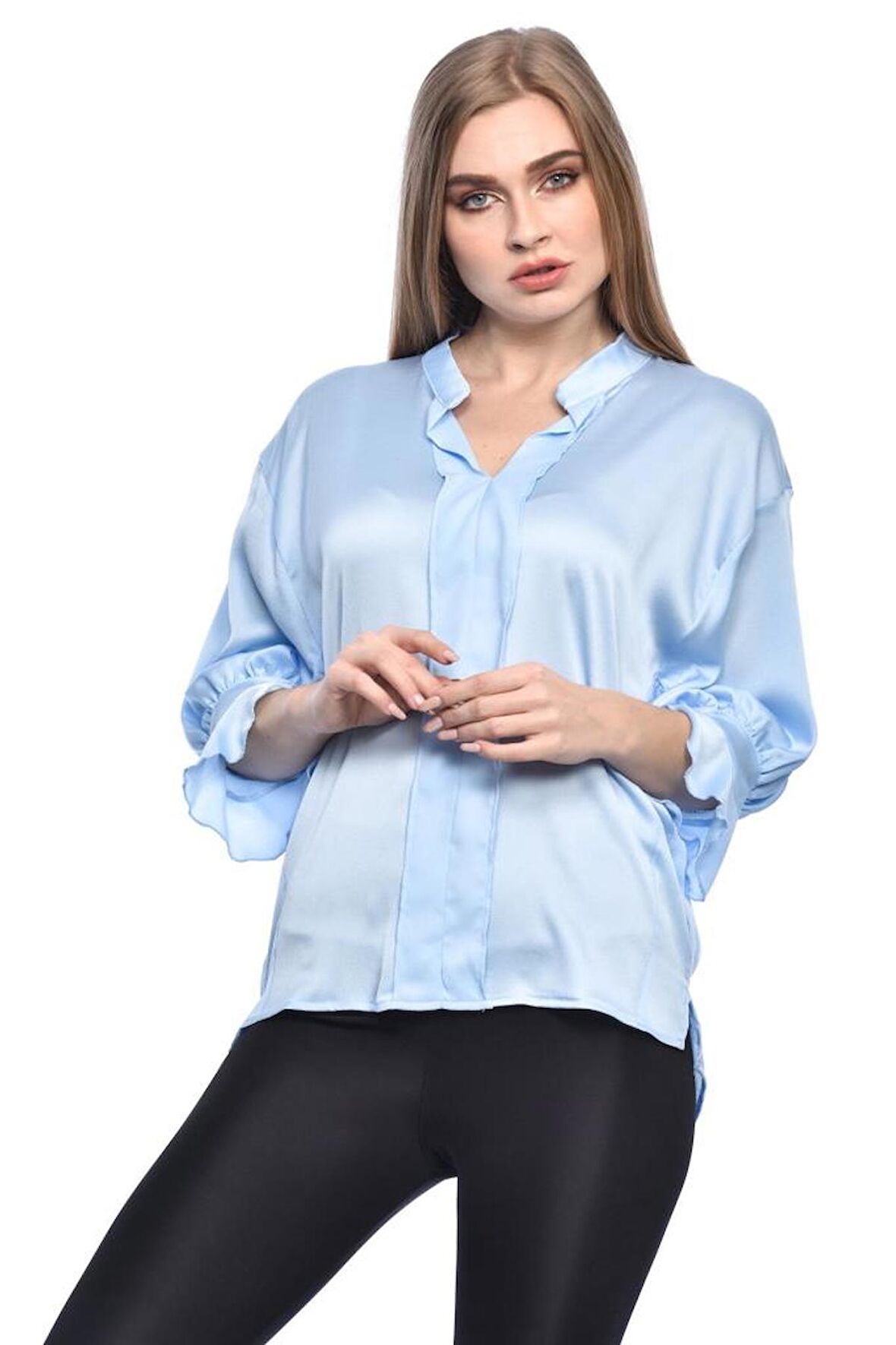 Uzun Kollu Volenli ve Biyeli Bebe Mavi Kadın Bluz