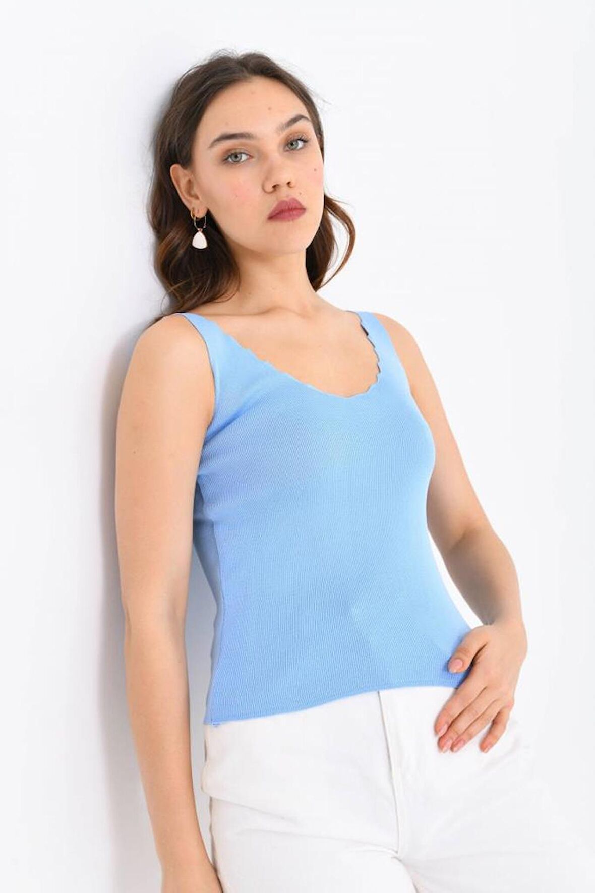 Askılı Merdiven Desenli Kadın Bebe Mavi Crop Triko Bluz