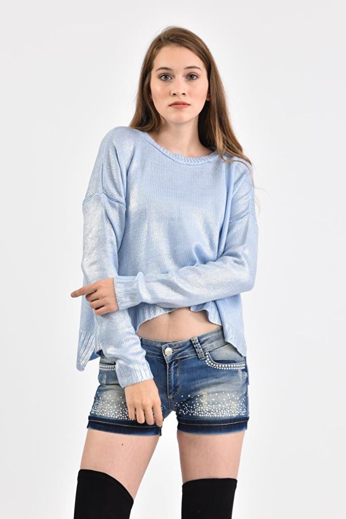 Modkofoni Bisiklet Yaka Düz Örme Kısa Mavi Triko Kadın Bluz