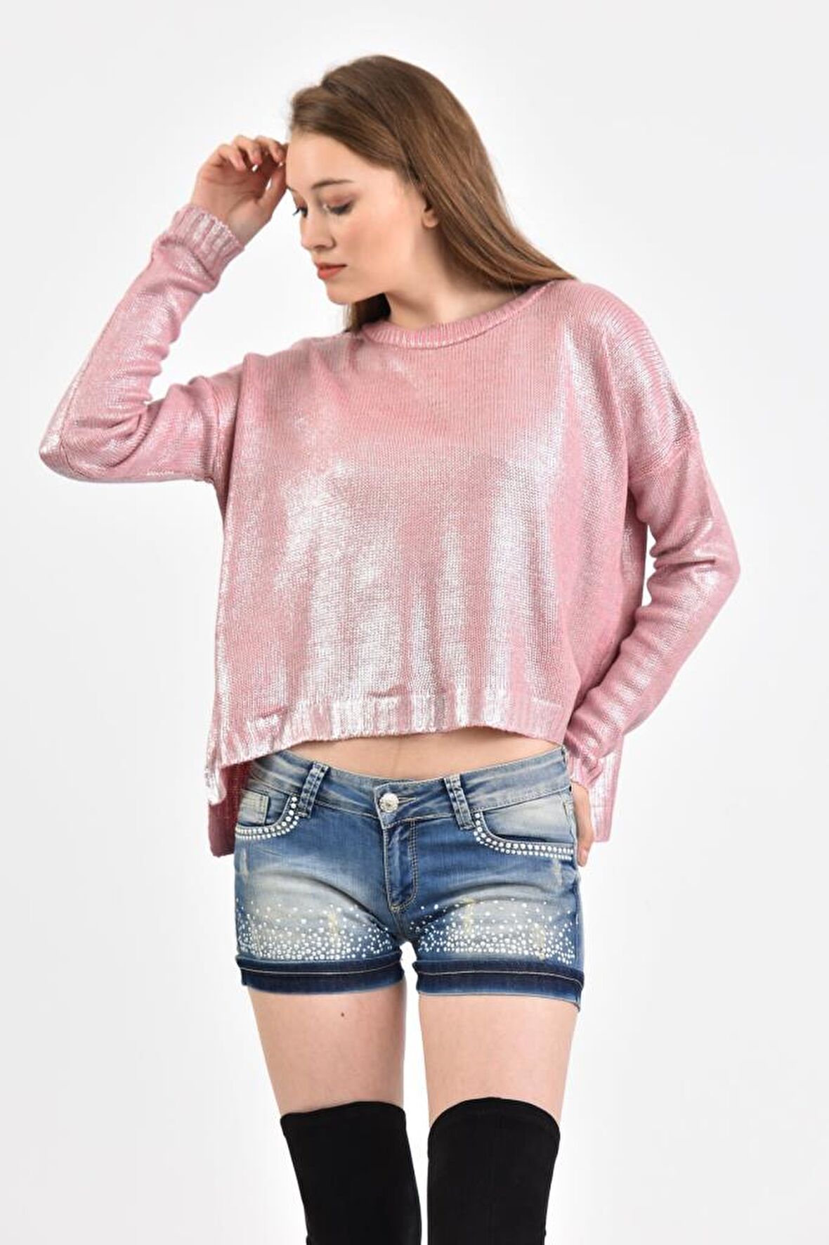 Modkofoni Bisiklet Yaka Düz Örme Kısa Pudra Triko Kadın Bluz