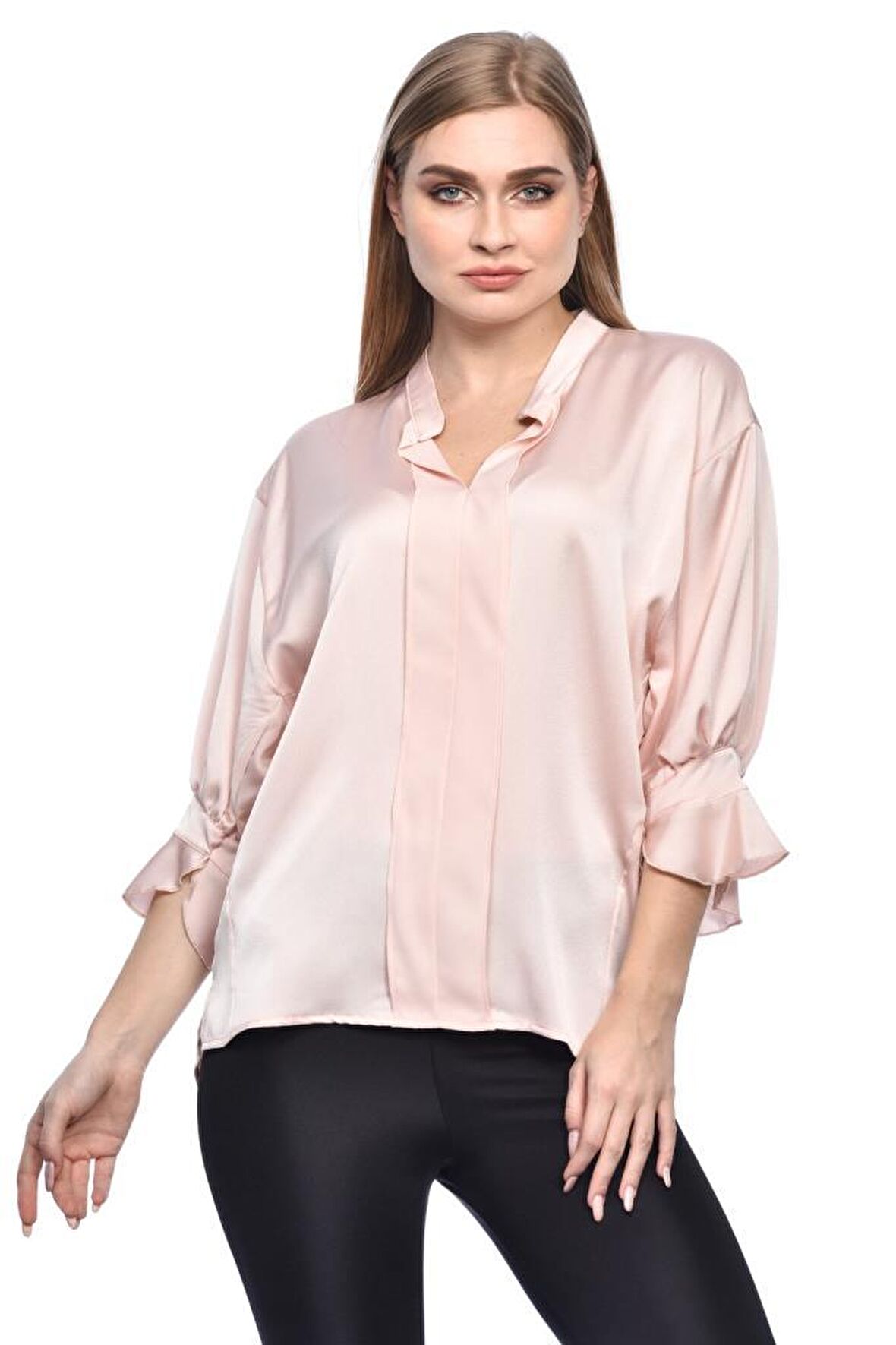 Modkofoni Uzun Kollu Volenli ve Biyeli Pudra Kadın Bluz