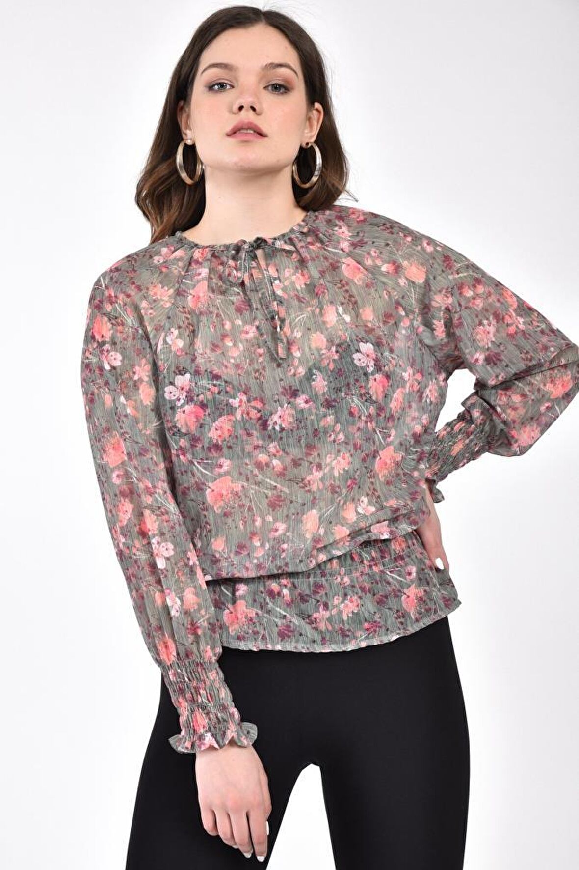 Modkofoni Uzun Kollu Belden Lastikli Çiçekli Bordo Tül Kadın Bluz