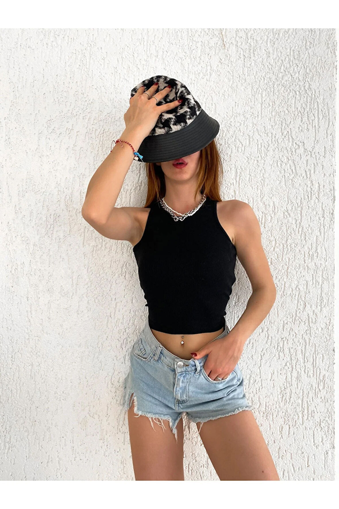 Kadın Halter Yaka Kolsuz Kaşkorse Örme Fitilli Crop Bluz 