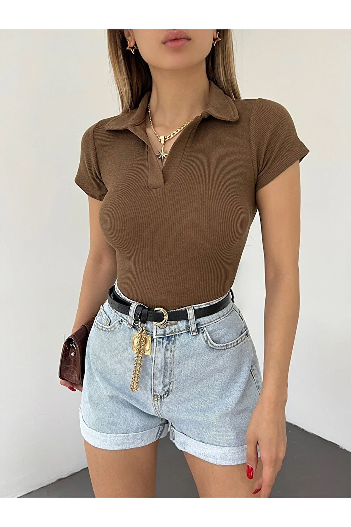 Kadın Polo Yaka Kısa Kollu Kaşkorse Crop Bluz 