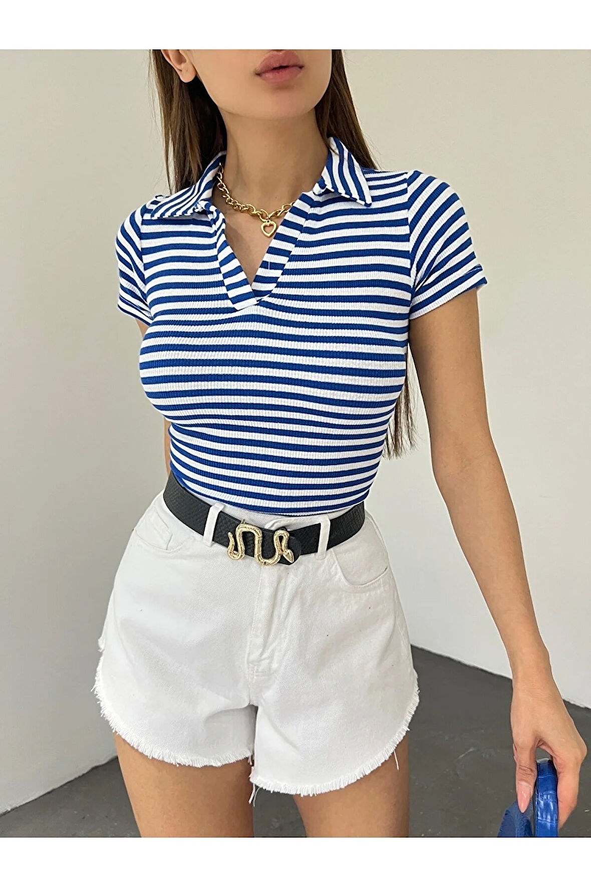 Kadın Polo Yaka Kısa Kollu Çizgili Kaşkorse Crop Bluz