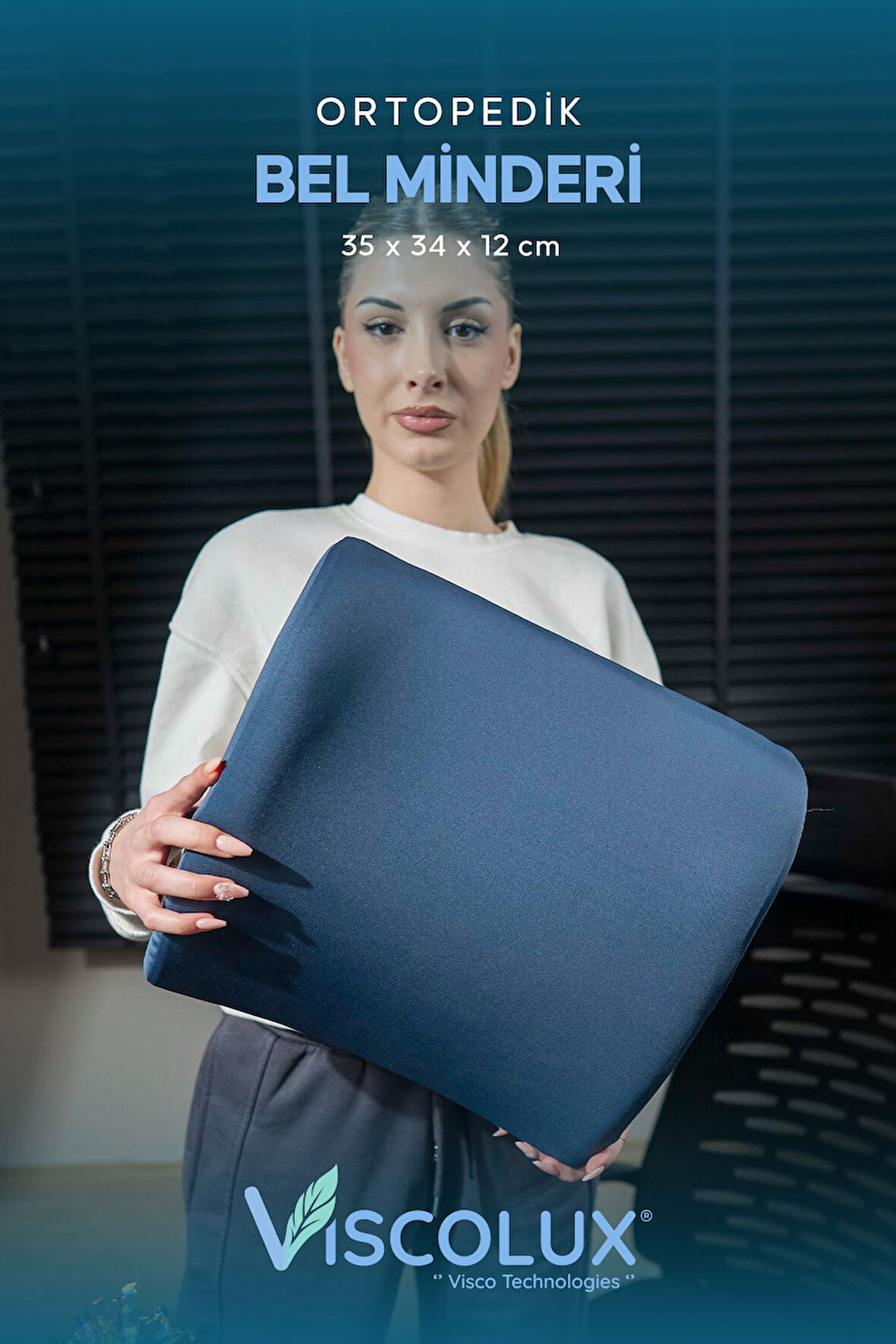 Ortopedik Bel Destek Yastığı - Visco Bel Destekli Minder Evde Ofiste Arabada Konfor Mavi 35x34x12