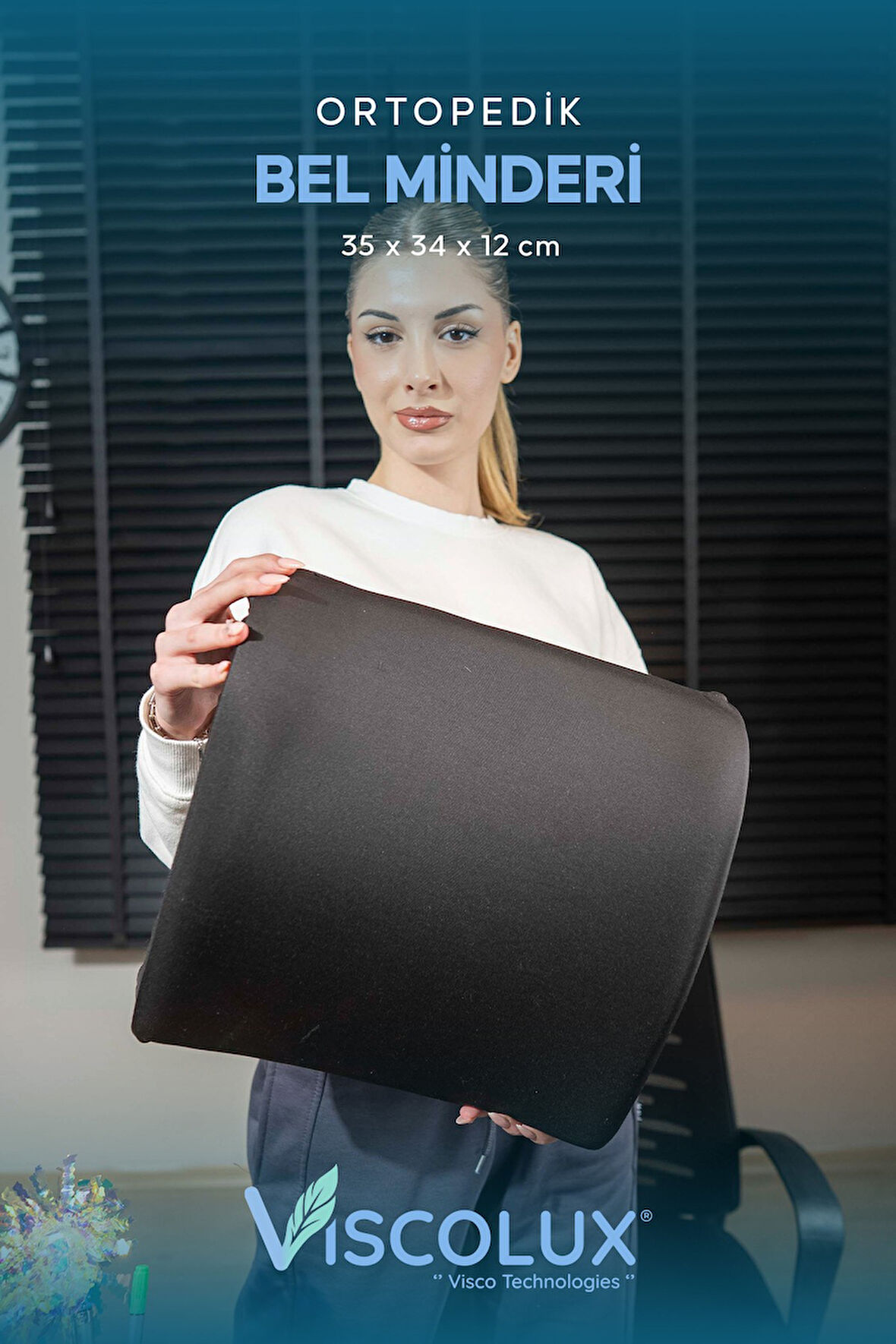 Ortopedik Bel Destek Yastığı - Visco Bel Destekli Minder Evde Ofiste Arabada Konfor Siyah 35x34x12