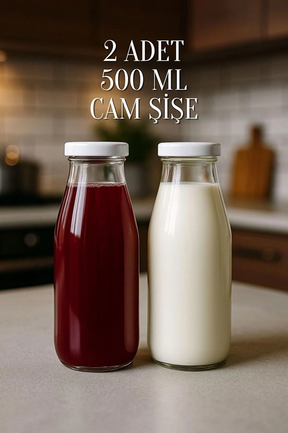 2 Adet Plastik Beyaz Kapaklı 500 ml Sürahi Süt, Ayran, Su, Limonata Meşrubat Şişesi Cam Şişe 500cc