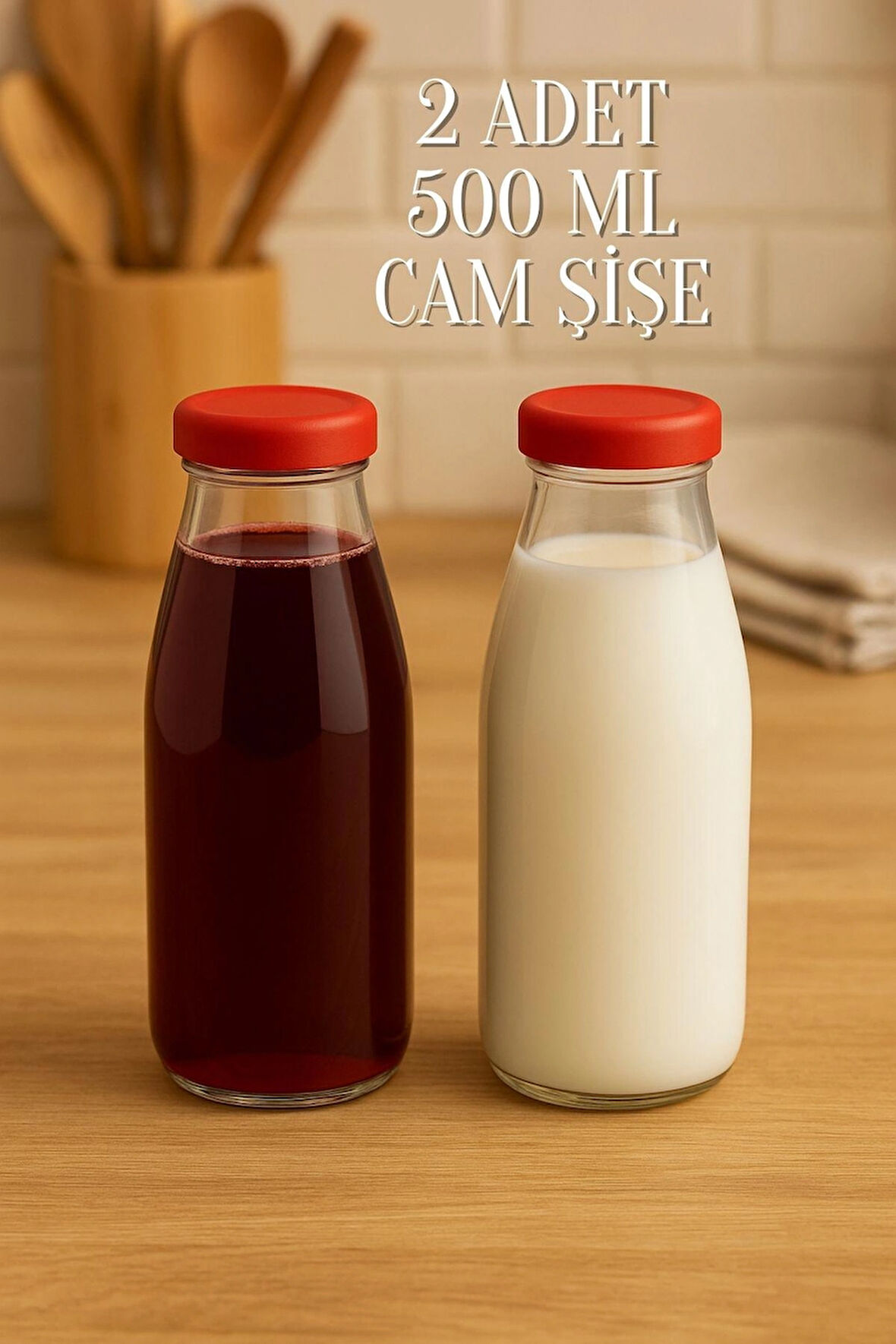 2 Adet Plastik Kırmızı Kapaklı 500 ml Sürahi Süt, Ayran, Su, Limonata Meşrubat Şişesi Cam Şişe 500cc