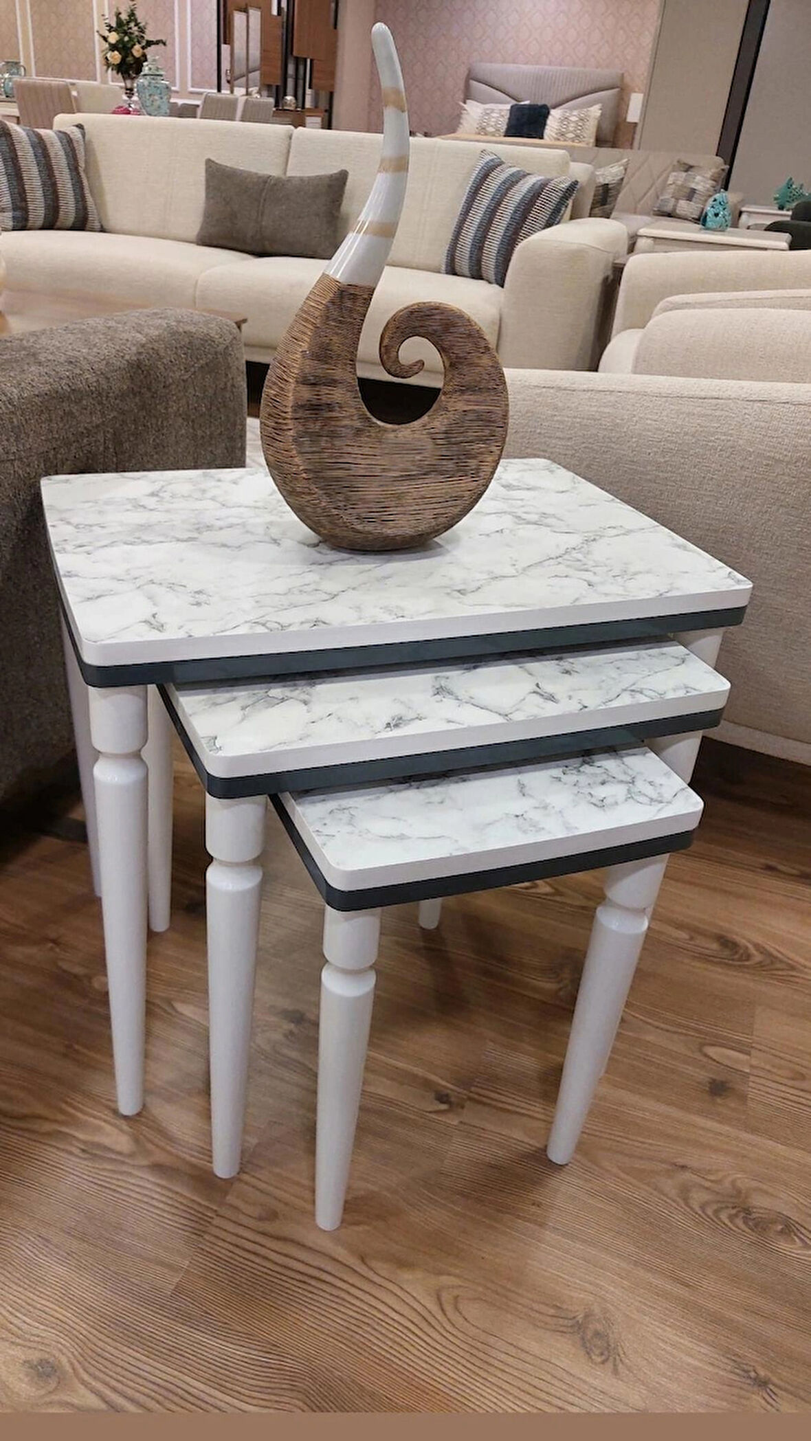 3Lü Lüx Zigon Sehpa Beyaz Mermer Antrasit