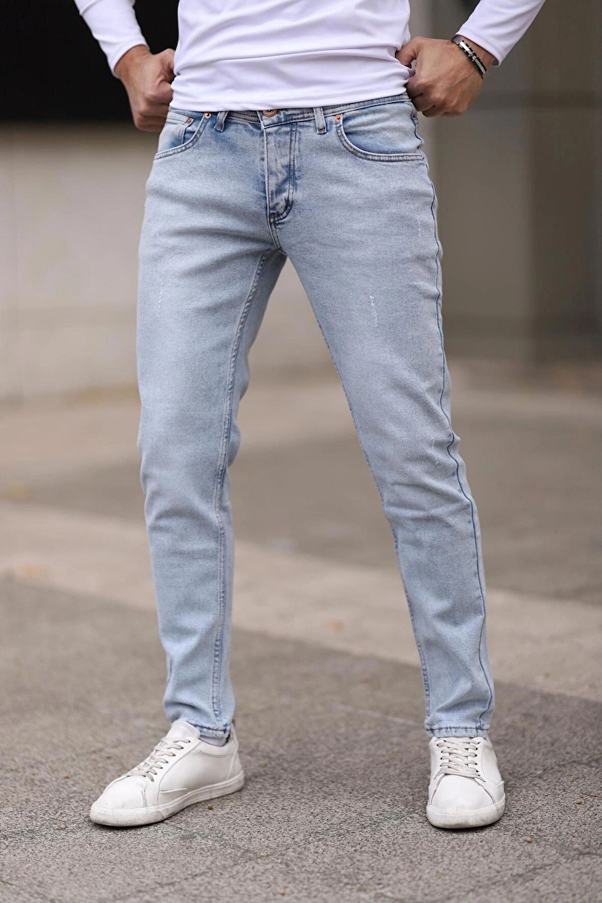 Erkek Buz Mavi Jean Slim Fit Dar Paça Likralı Esnek Kot Pantolon