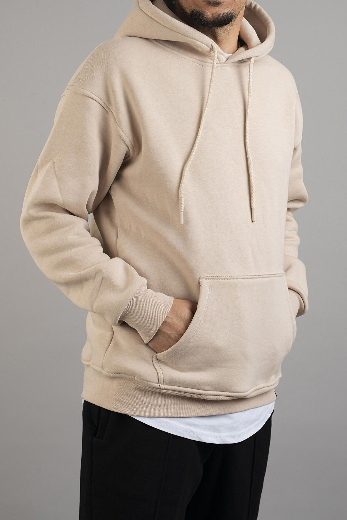 Erkek Kapüşonlu Basic Sweatshirt Bej