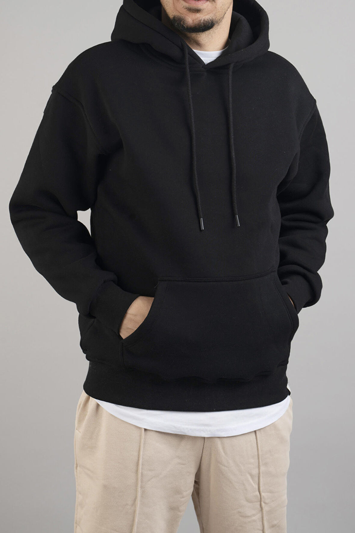 Erkek Kapüşonlu Basic Sweatshirt Siyah