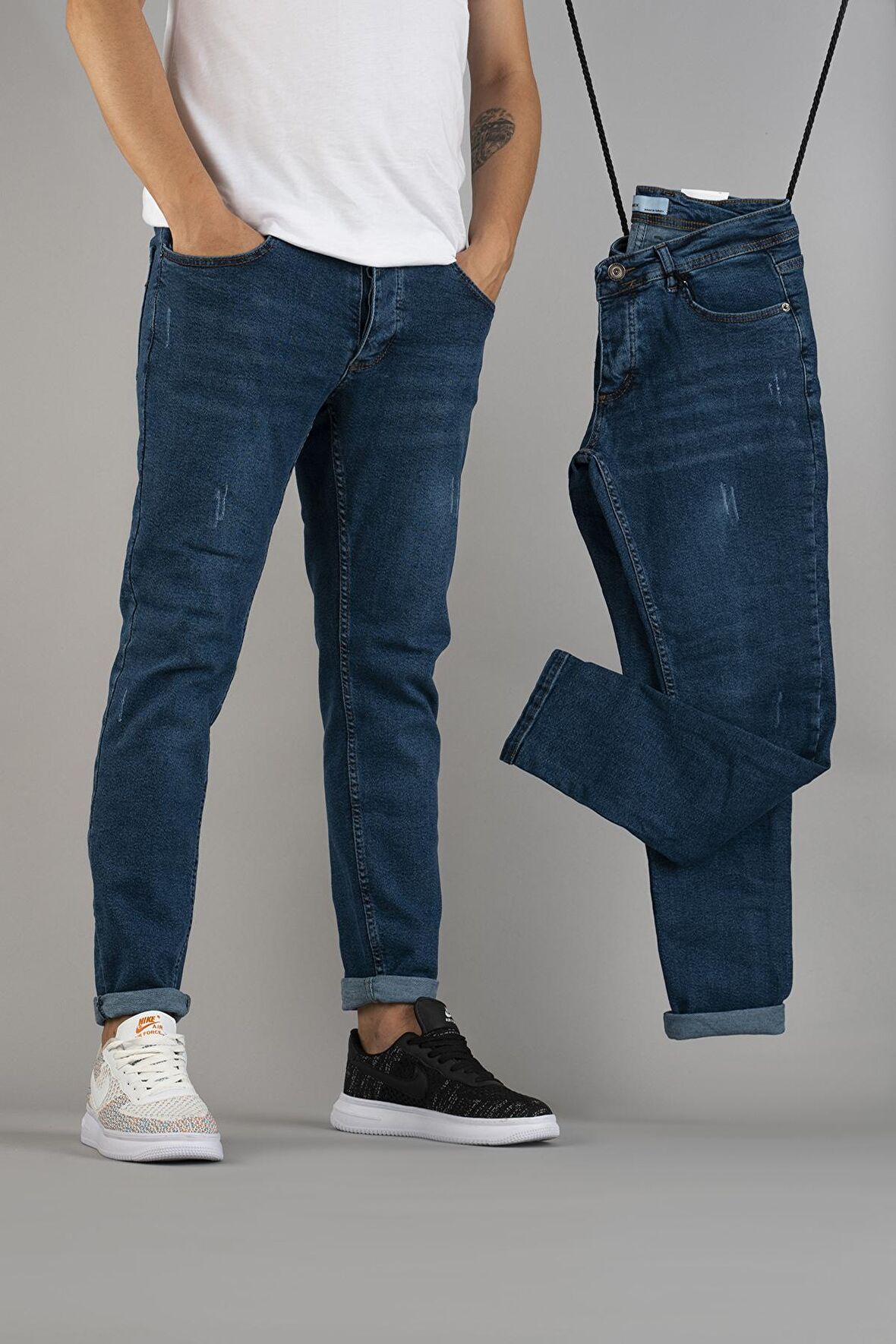 Erkek Slim Fit Dar Kesim Tırnaklı Kot Pantolon Mavi