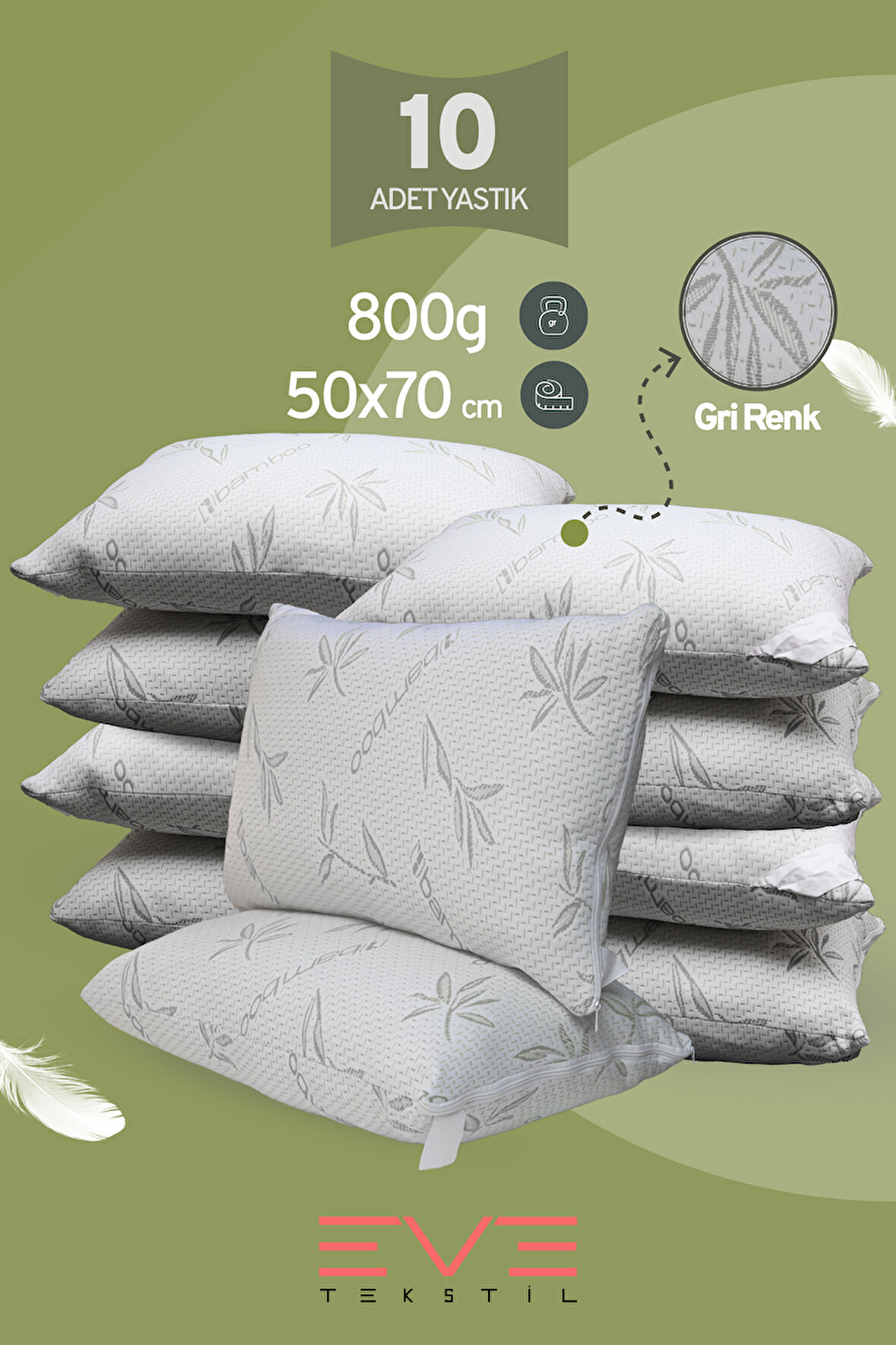 10 Adet Bamboo Gri Serisi Kılıflı Fermuarlı Yıkanabilir Antialerjik Silikon Elyaf Yastık 50x70cm 800 gr