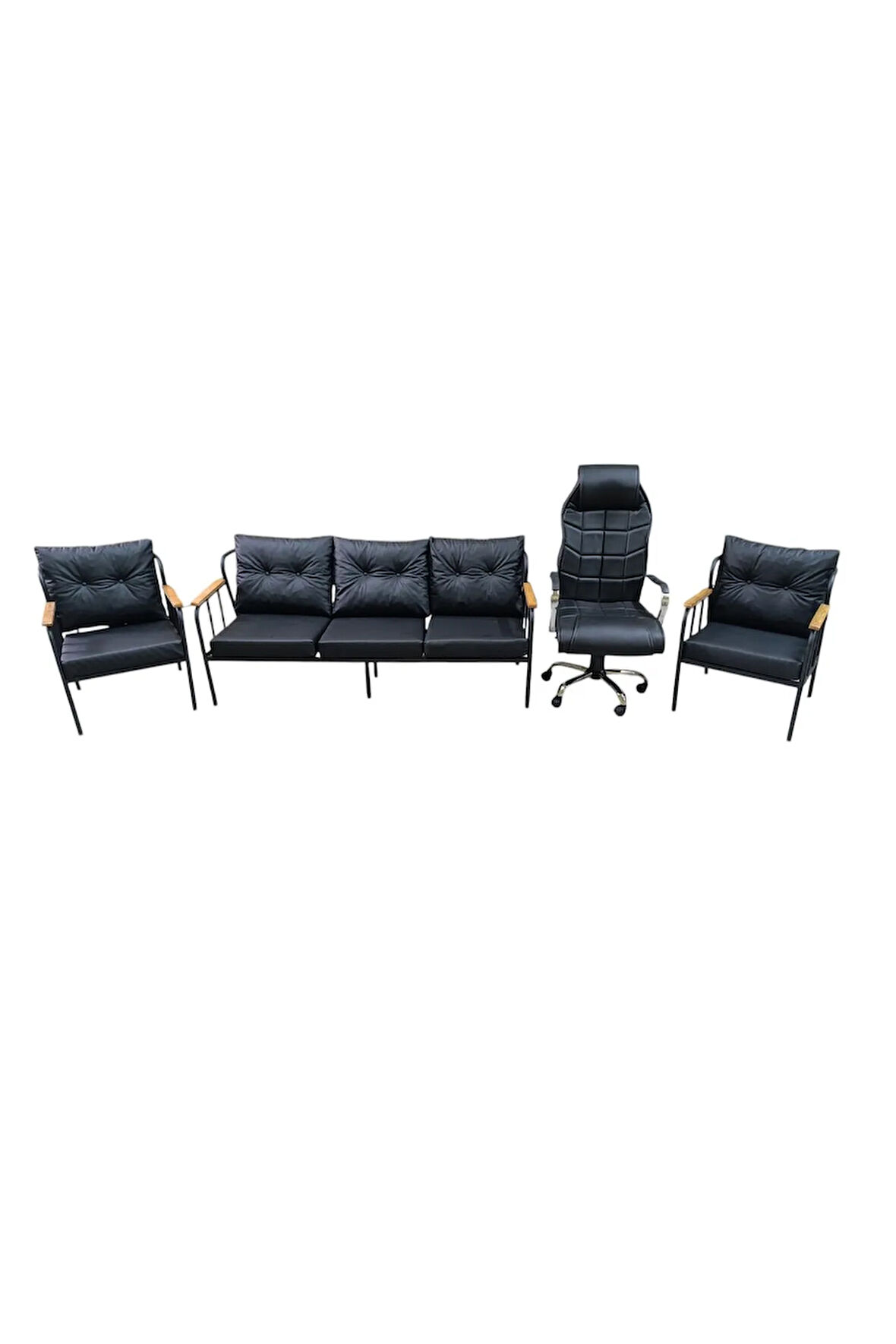Siyah Metal Deri Ofis Koltuk Takımı Metal Bahçe Mobilyası Balkon Mobilyası 3+1+1+makam koltuğu