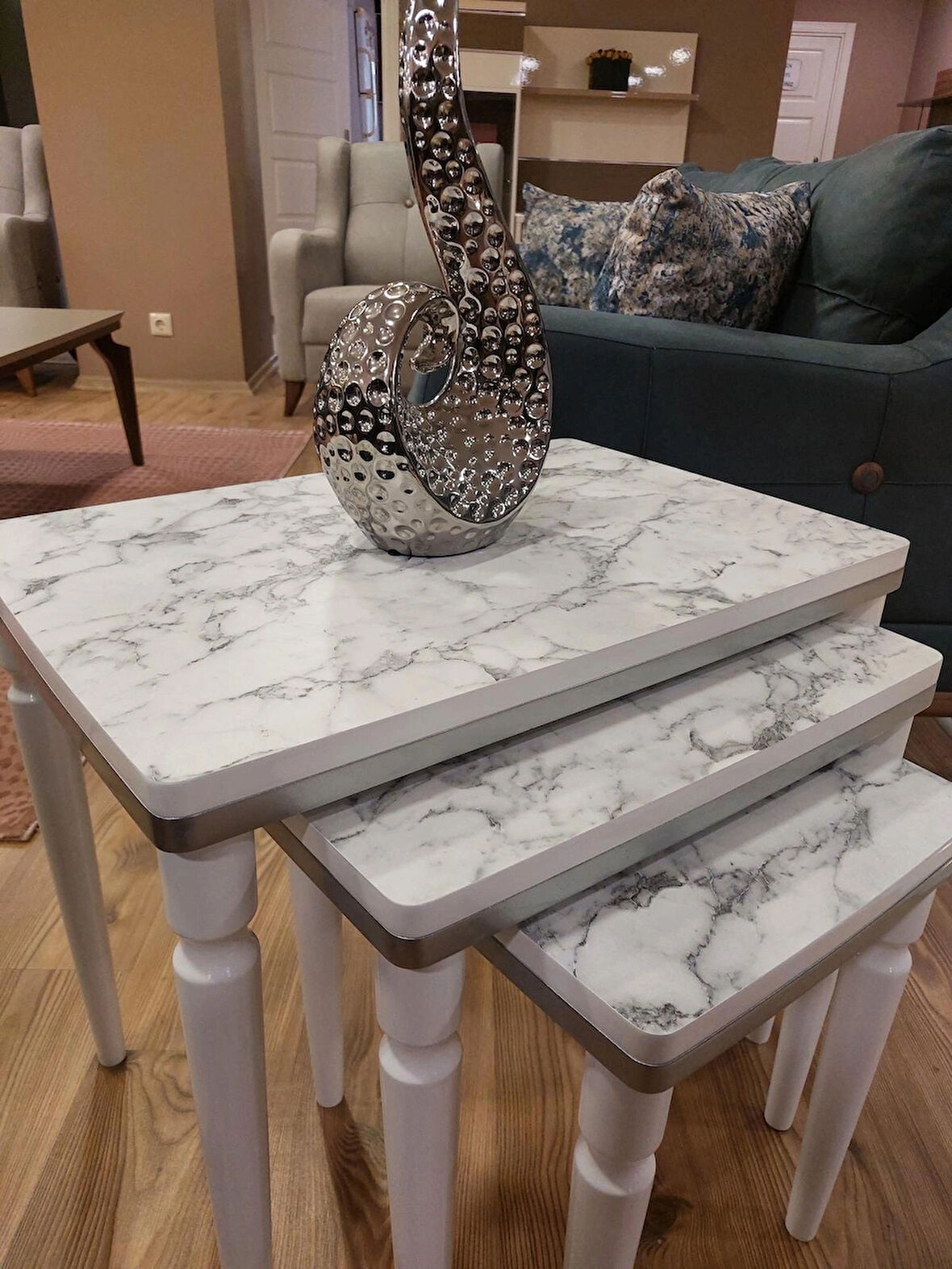 3lü Lüx Zigon Sehpa Beyaz Mermer Gümüş