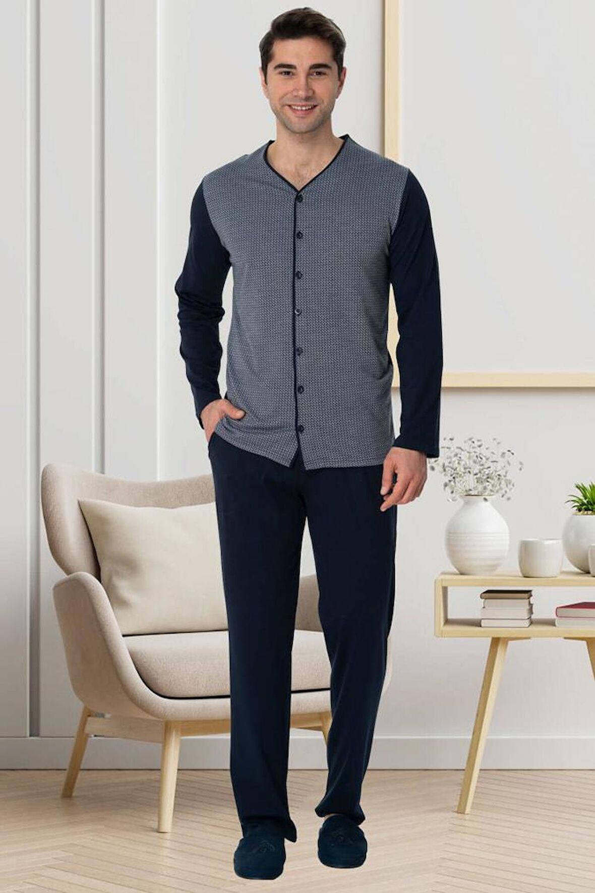 Mecit 2774 Erkek Lacivert Önden Düğmeli Büyük Beden Pijama Takımı