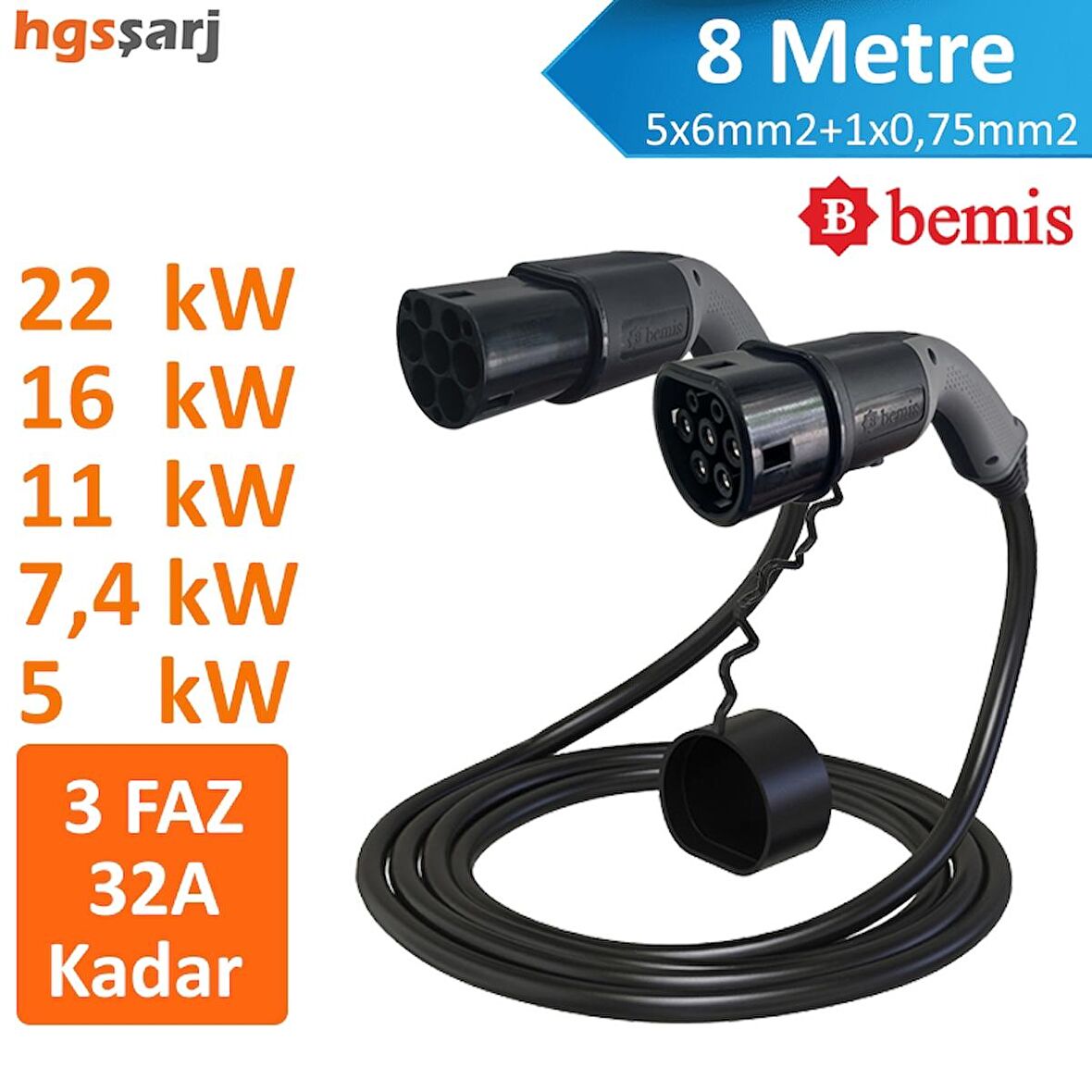 Bemis 8 Metre 22kW-16kW-11kW-7,4kW-5kW 3 Faz 32A Kadar Elektrikli Araç Şarj Kablosu