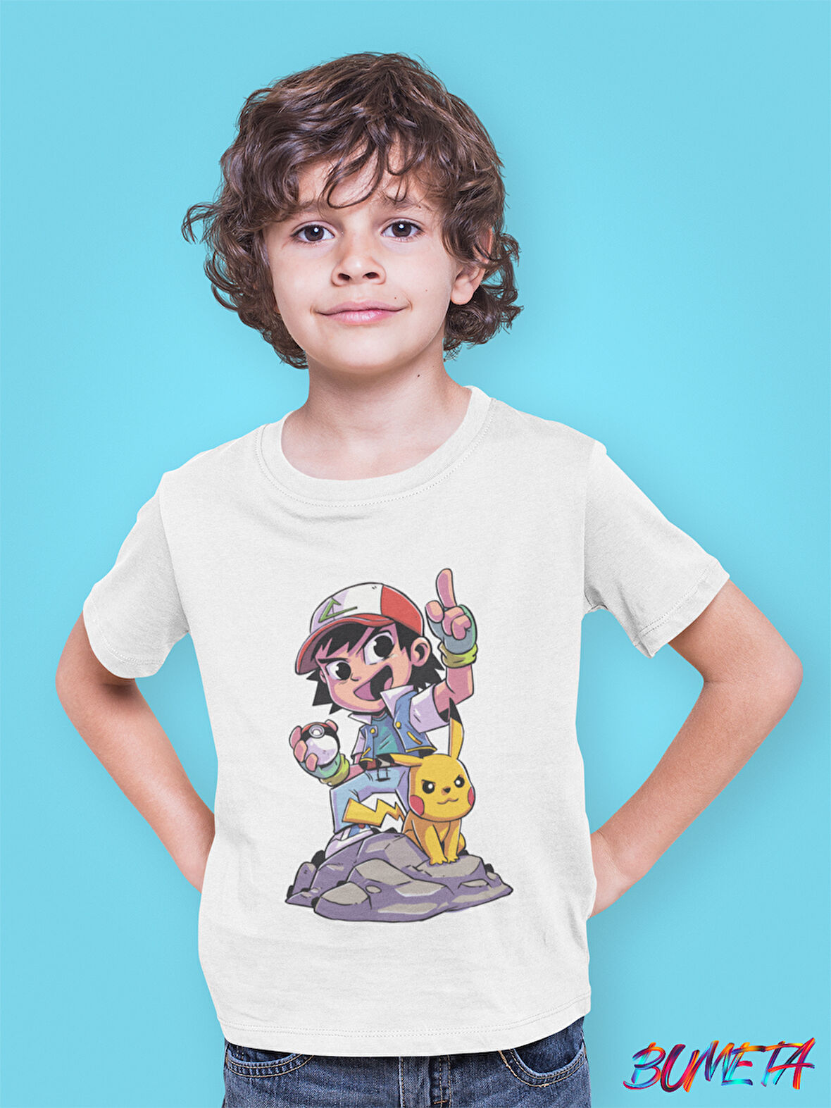 Bumeta Pokemon Pikachu ve Ash Ketchum Chibi Çizgi Film Dizi Çocuk Tişört T-shirt