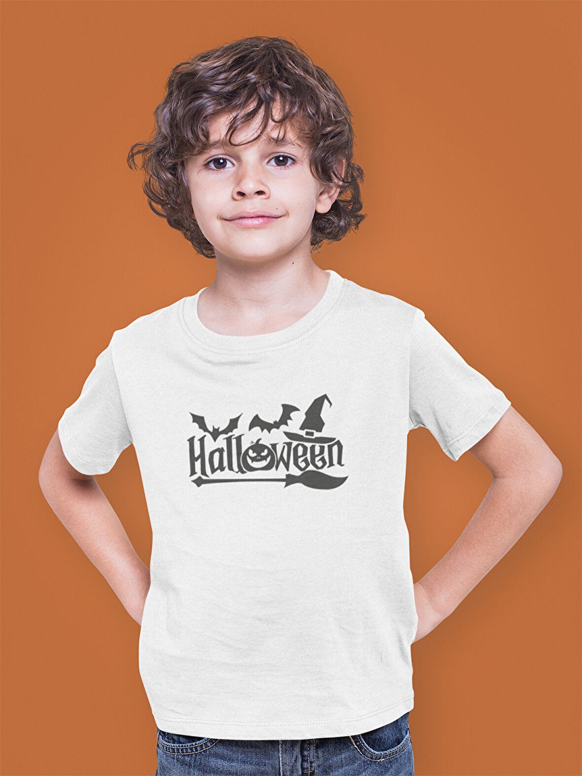 Bumeta Halloween Yarasa Balkabağı Cadı Şapkası ve Süpürge Çocuk Tişört T-shirt