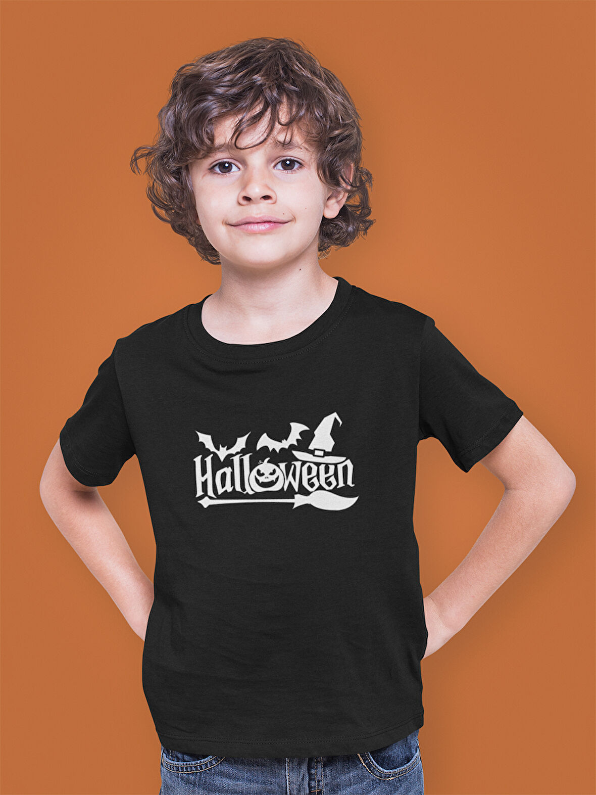 Bumeta Halloween Yarasa Balkabağı Cadı Şapkası ve Süpürge Çocuk Tişört T-shirt