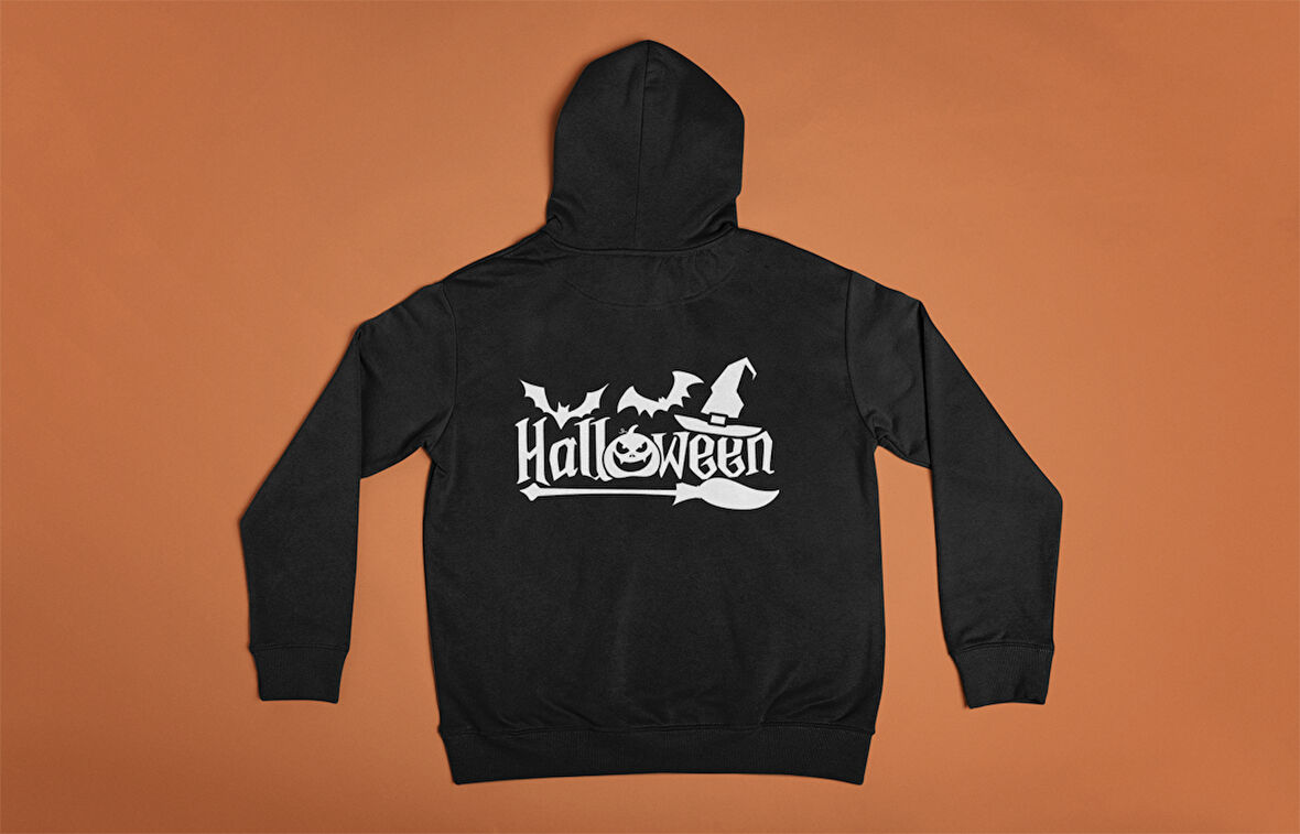 Bumeta Halloween Yarasa Balkabağı Cadı Şapkası ve Süpürge Sweetshirt Unisex Kapüşonlu Hoodie