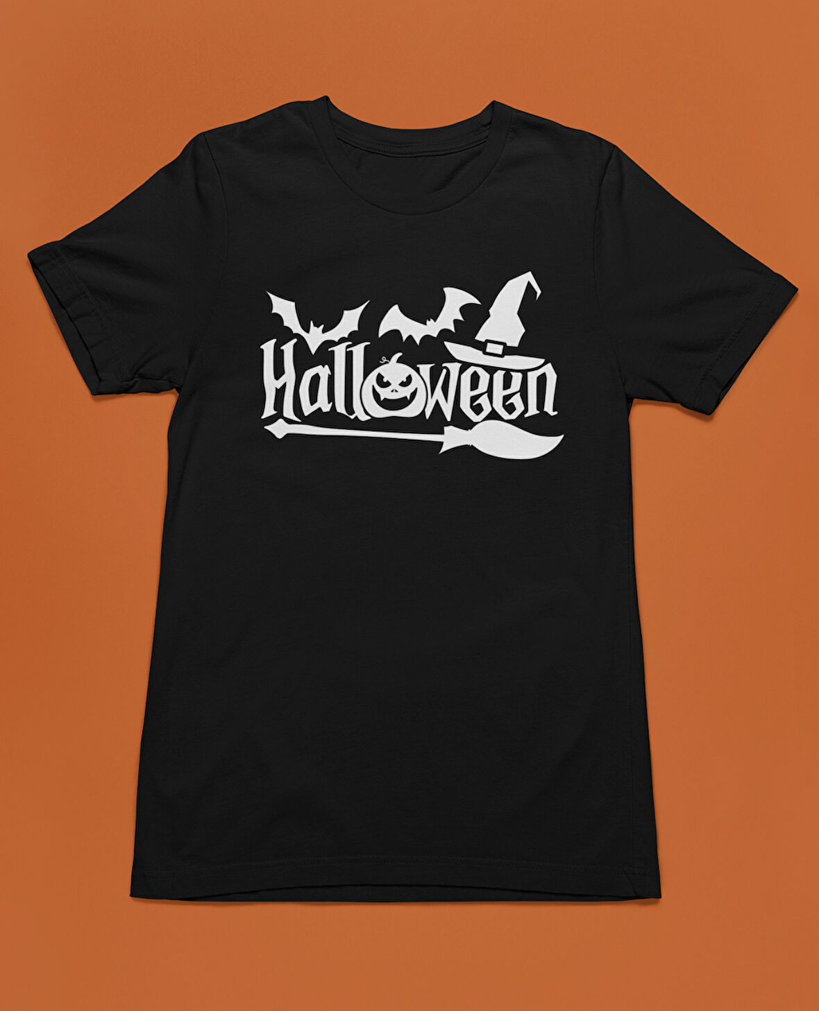 Bumeta Halloween Yarasa Balkabağı Cadı Şapkası ve Süpürge Unisex Tişört T-Shirt