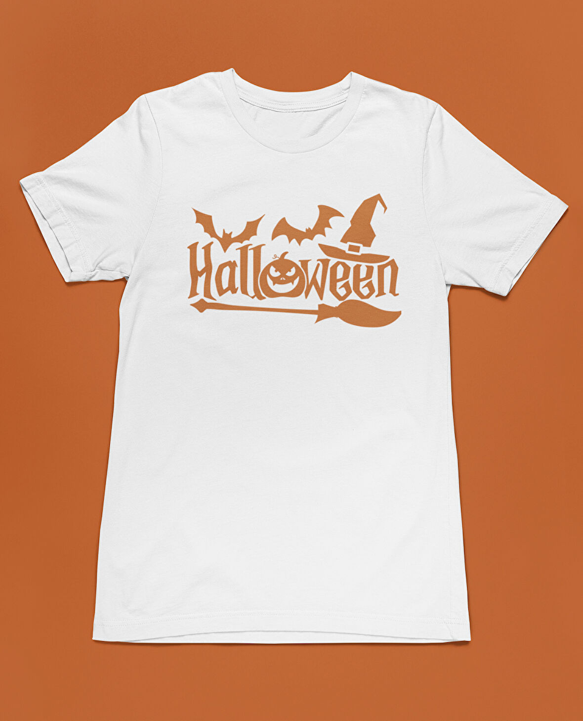 Bumeta Halloween Yarasa Balkabağı Cadı Şapkası ve Süpürge Turuncu Unisex Tişört T-Shirt