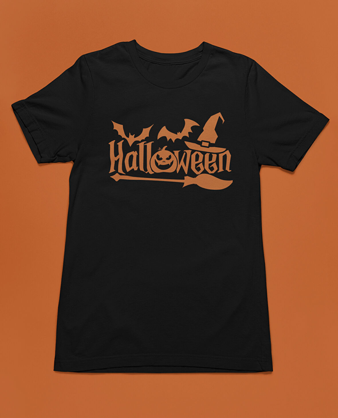 Bumeta Halloween Yarasa Balkabağı Cadı Şapkası ve Süpürge Turuncu Unisex Tişört T-Shirt