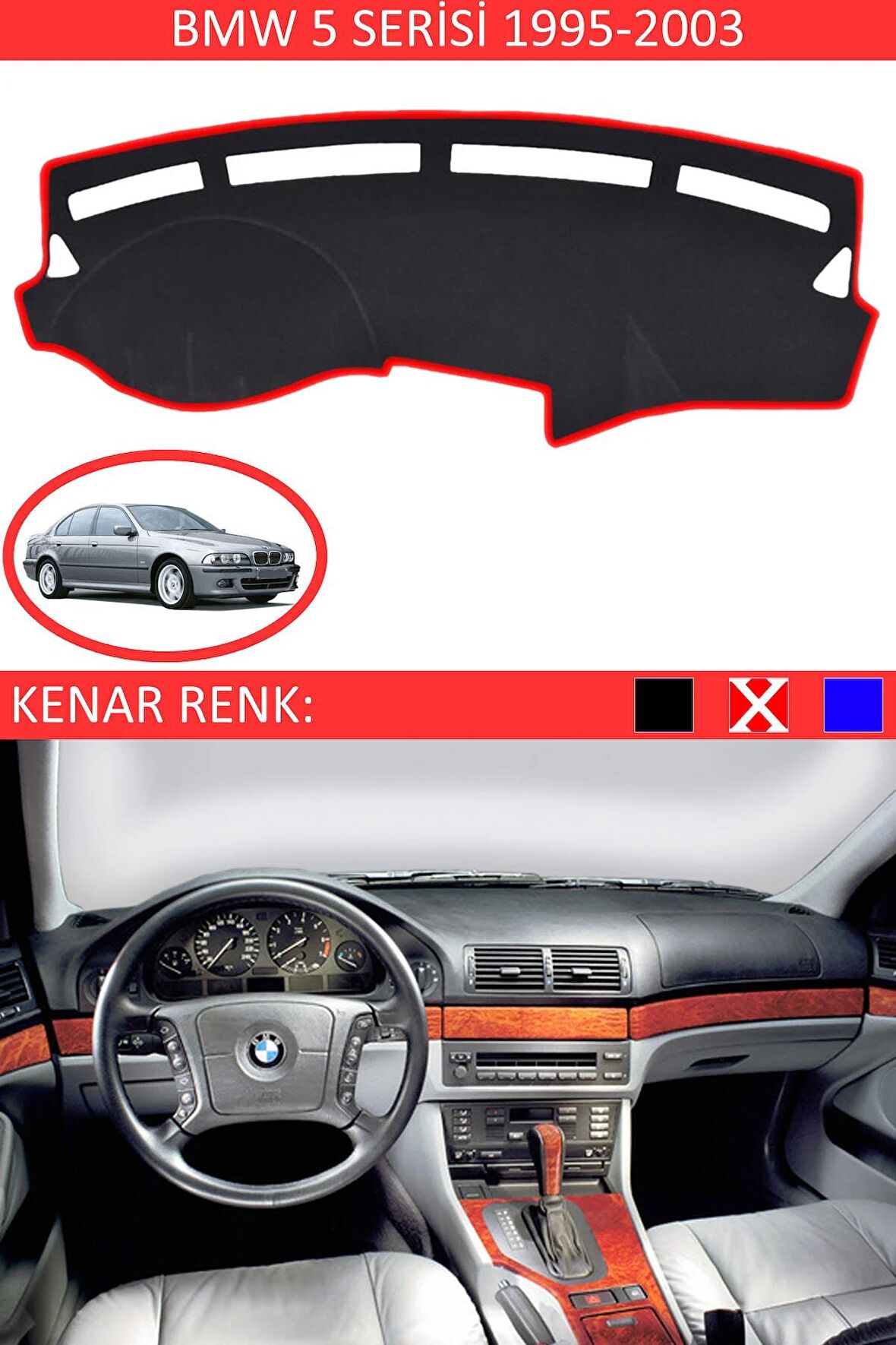BMW 3 Series 1990-2000 İçin Uygun Torpido Koruma Halısı Siyah Kenar Renk Kırmızı
