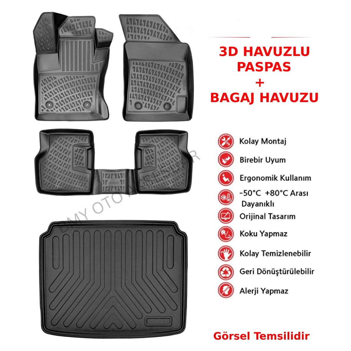 Tesla Model Y 5 Koltuk 2019 Sonrası 3D Araca Özel Paspas ve Bagaj Havuzu Bmy