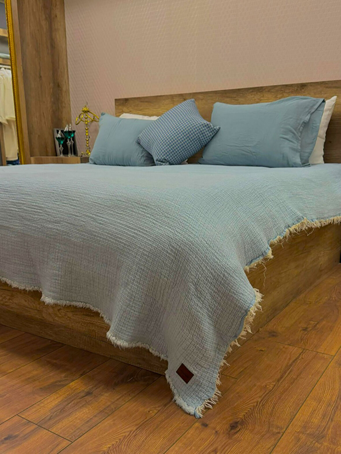 Bebe Mavi 4 Katlı Çift Taraflı Çift Kişilik Müslin Battaniye %100 Pamuk 230x240 cm