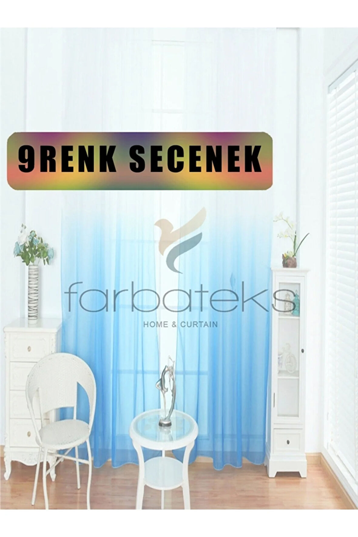 Mavi Geçişli Tül Degrade Geçişli Tül 2kat Pileli