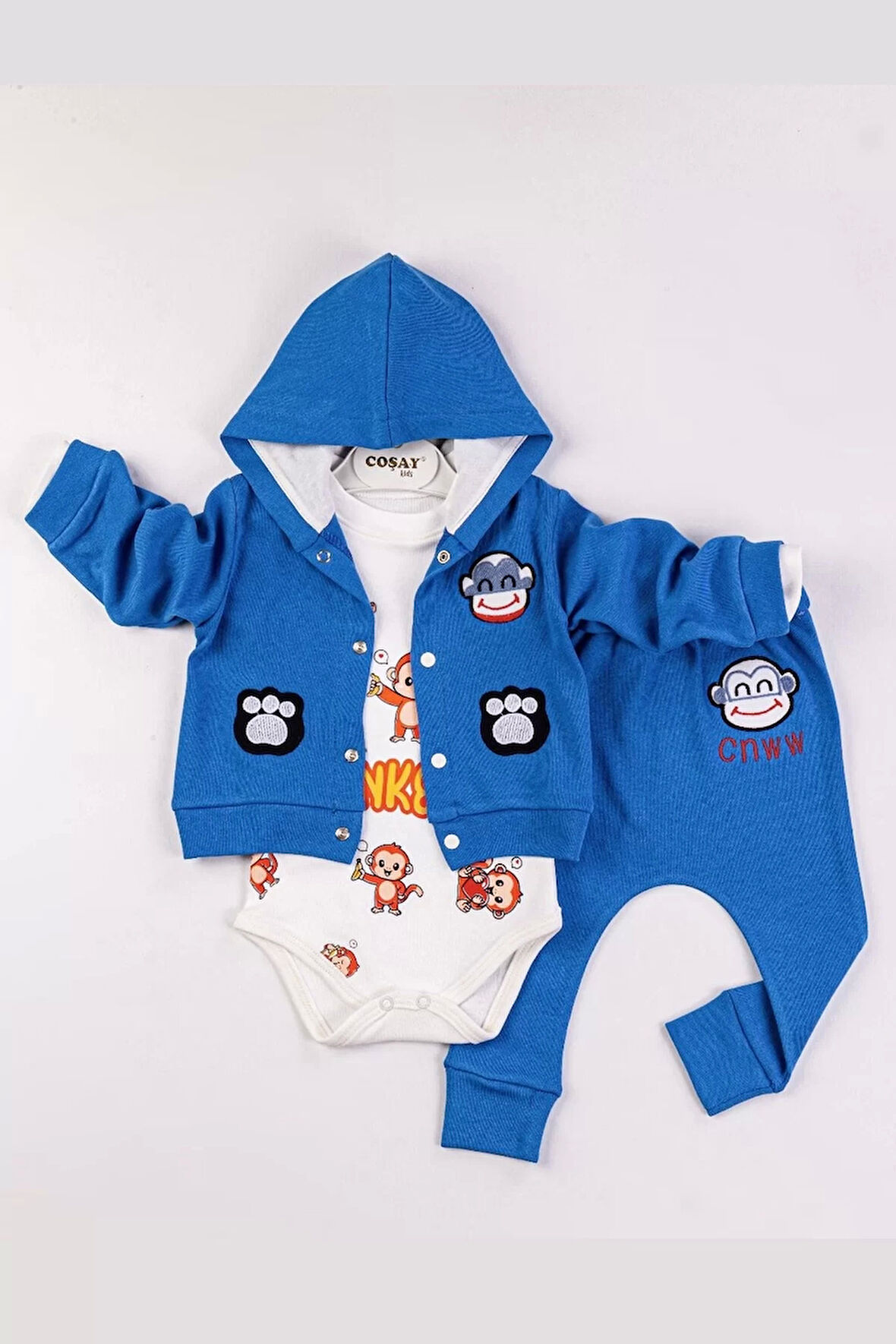 Lenaca Monkey Nakışlı Kapişonlu Erkek Bebek Takım