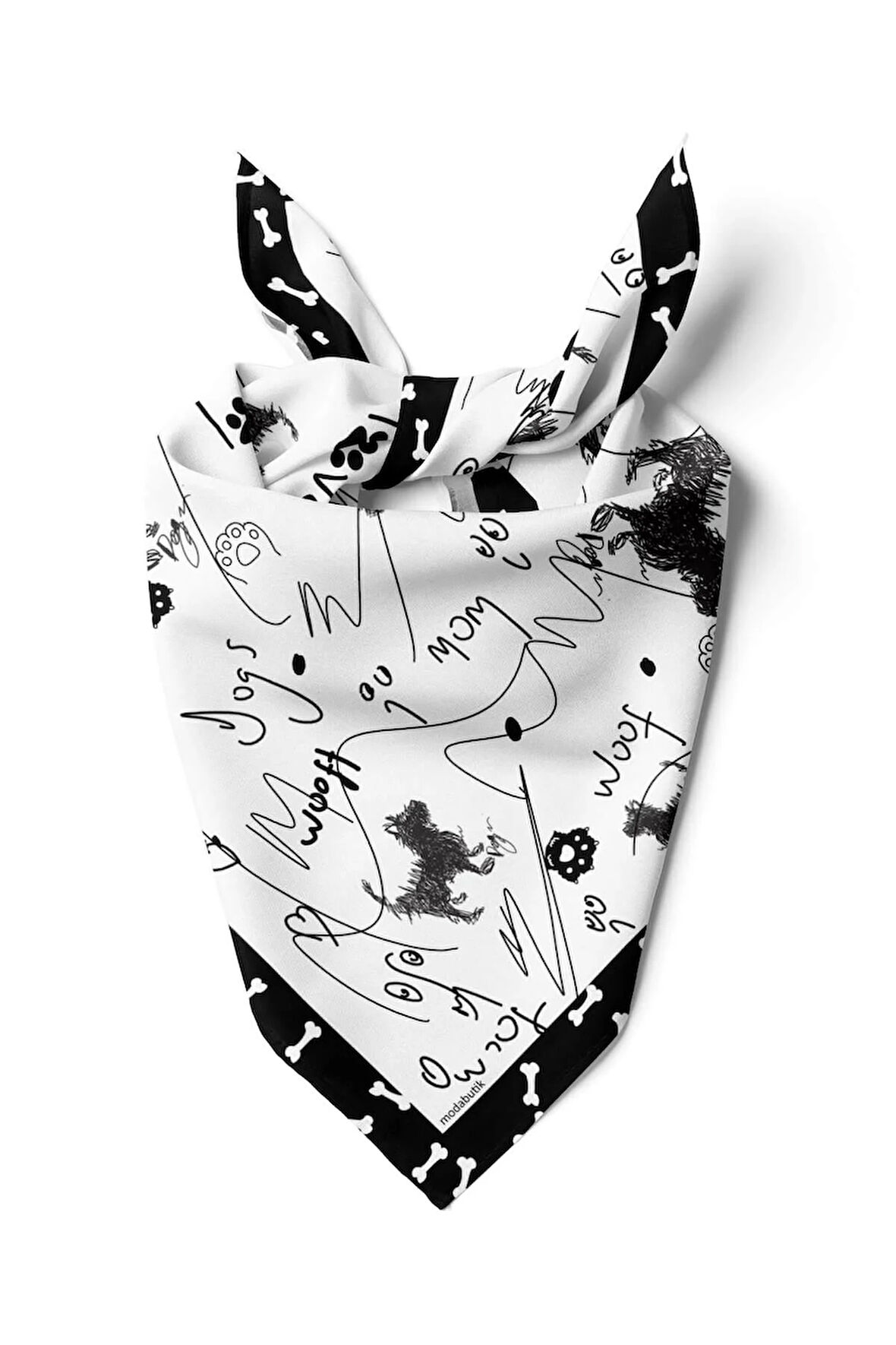 B104 Kara Kalem Desenli 45x45 Siyah Beyaz Köpek Bandanası DG5464