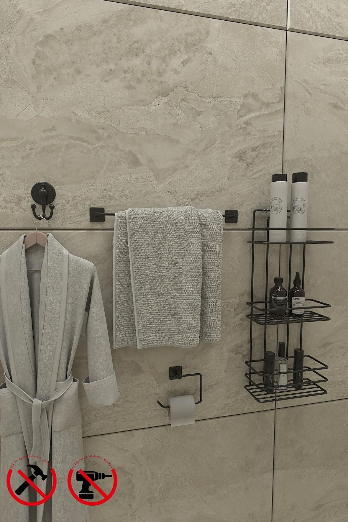 Yapışkanlı Siyah 3 Katlı Banyo Rafı TŞ03, Jasmin Kare Kağıtlık, Uzun Havluluk, Lotus Lüx Bornoz Askılık