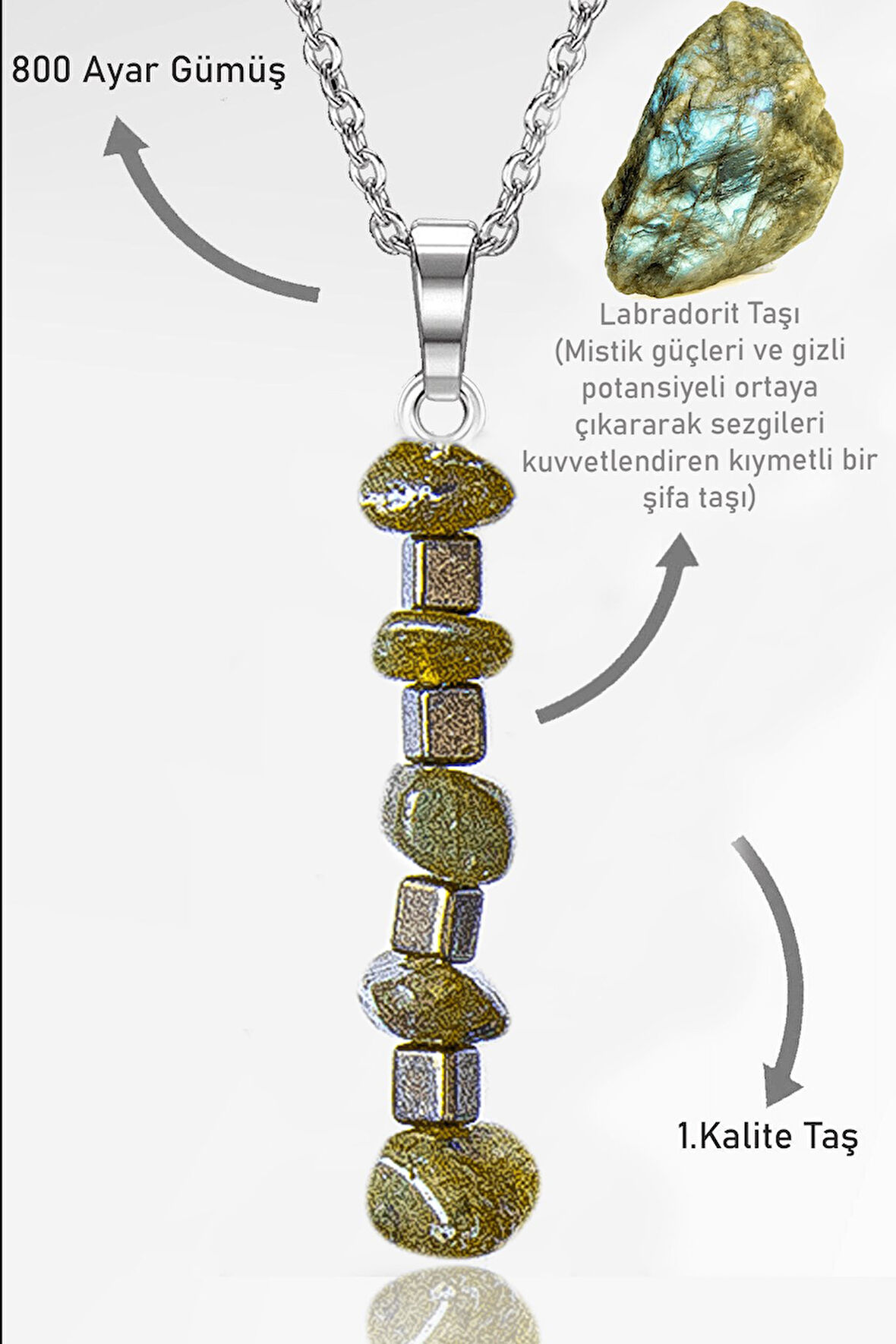 Sertifikalı Kırık Taşlı Model Labradorit Taşı Kolye