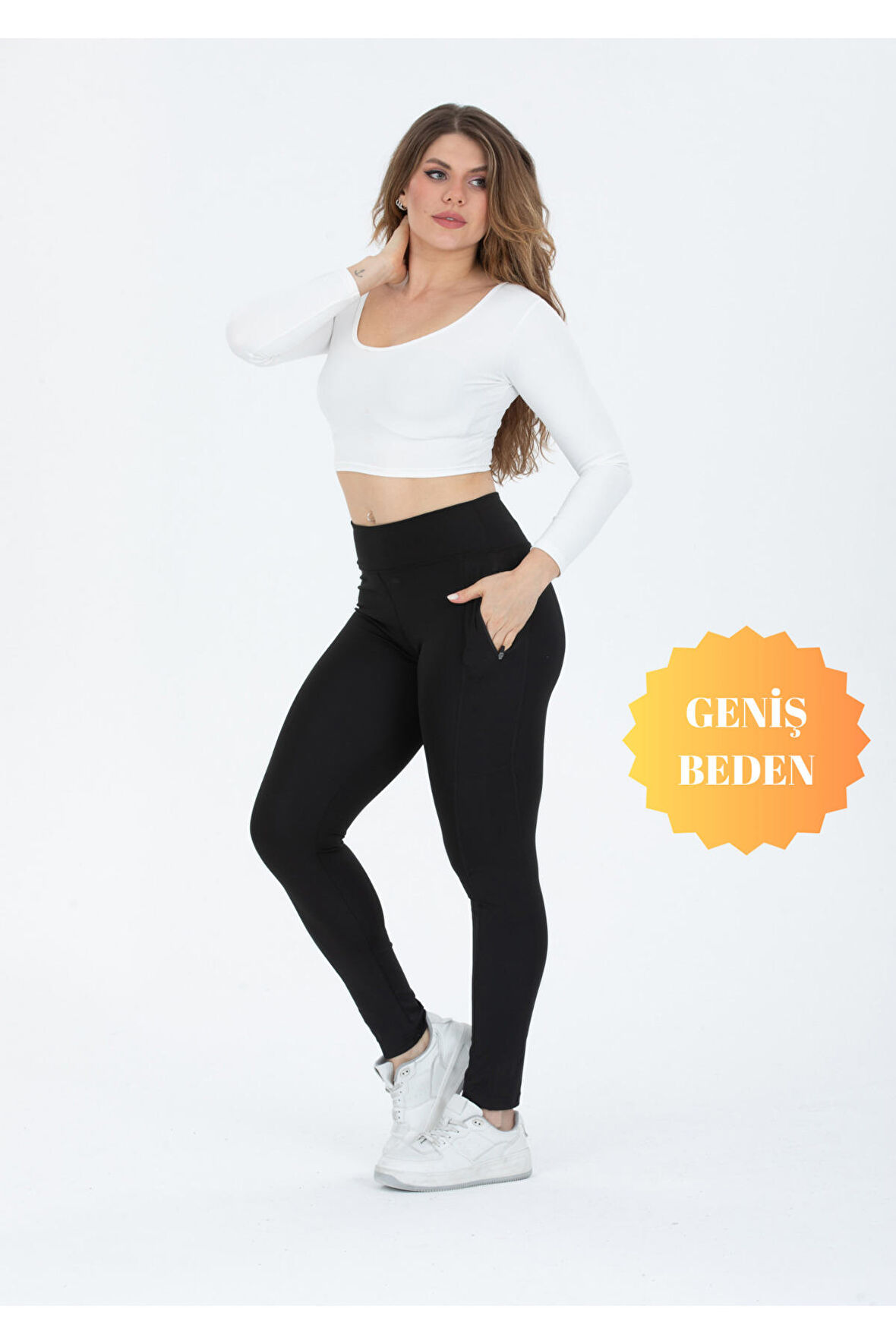 Curve Büyük Beden Cepli Fermuarlı Toparlayıcı Sıkılaştırıcı Siyah Spor Tayt