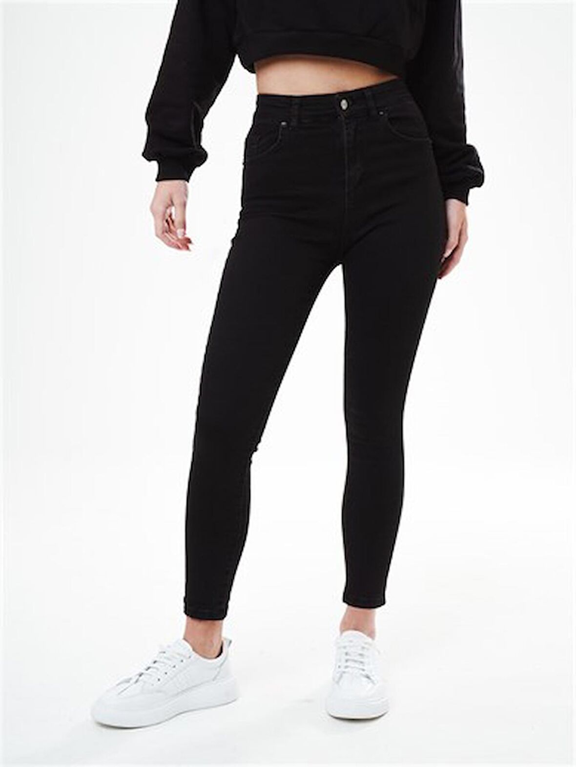 Jean Düz Yıkama Yüksek Bel Dar Paça  Kadın Jean Pantolon