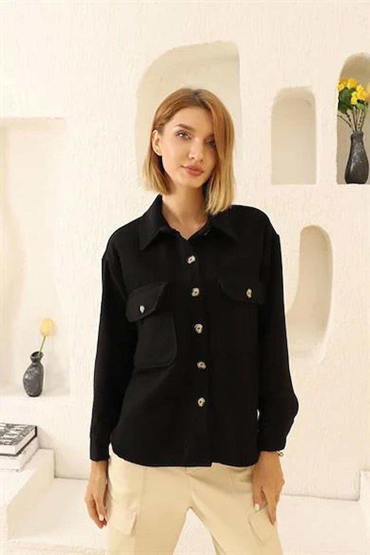 Yakalı Ön Düğme Detay Kadın Kaşe Ceket